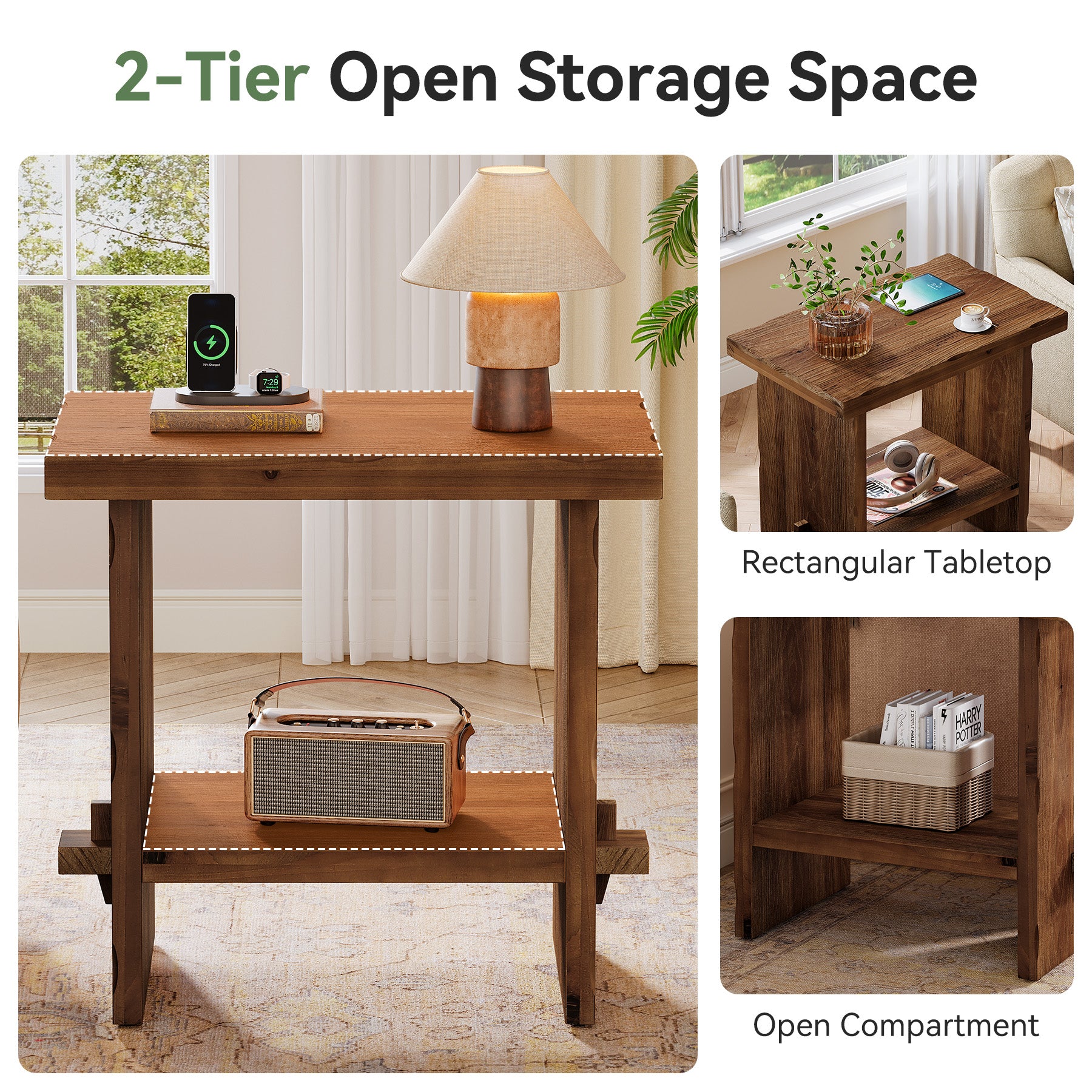 Tribesigns 23.62 Inch Solid Wood Side Table with 2-Tier Storage, Farmhouse End Table for Bedroom