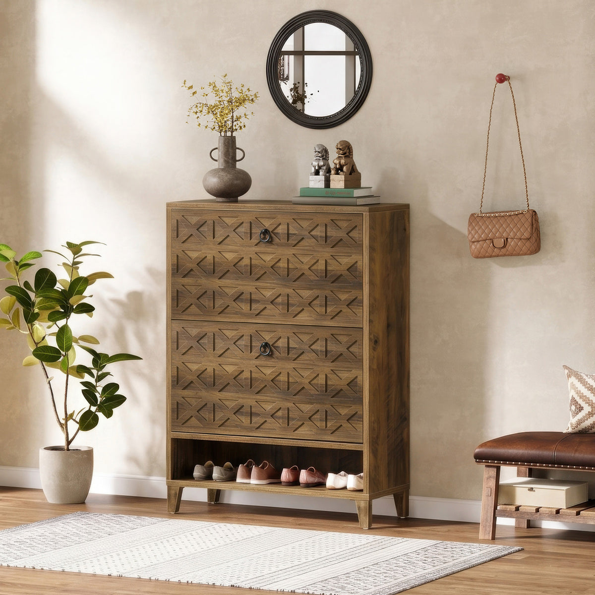 Tribesigns 43.3 Inch Shoe Cabinet with 2 Flip Drawers and Open Shelf, Entryway Shoe Storage for Hallway