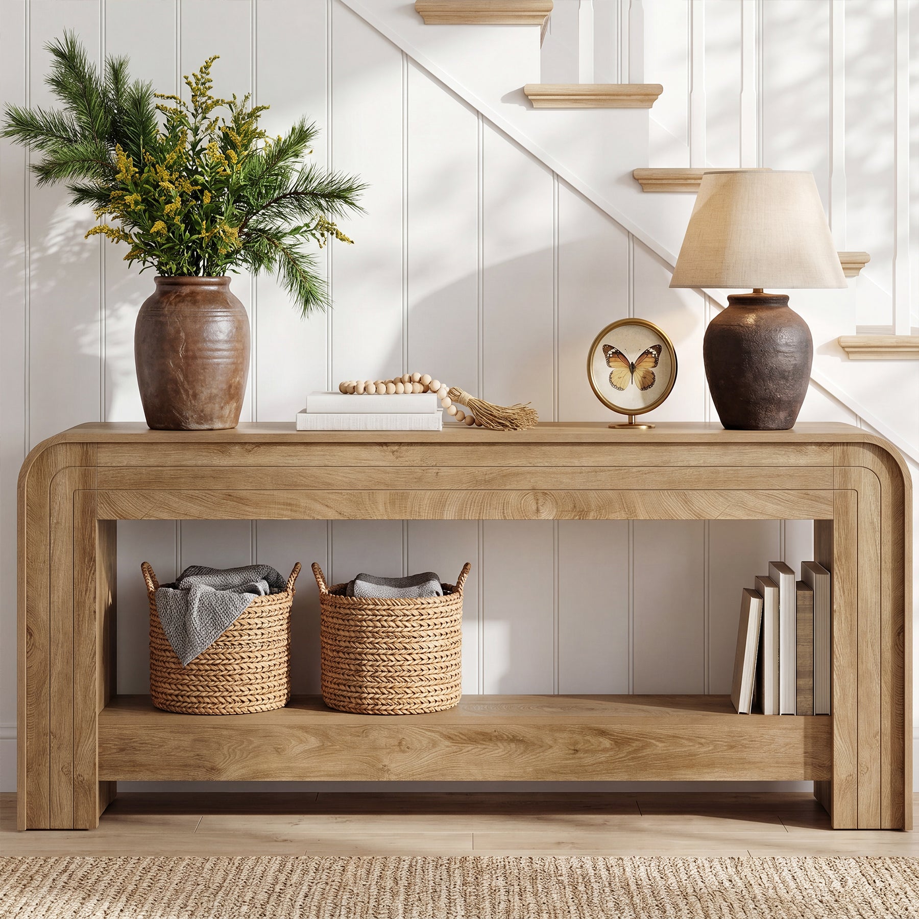 78.74 Inch Farmhouse Console Table with Open Storage Shelf and Curved Edges, Slim Entryway Sofa Table for Hallway