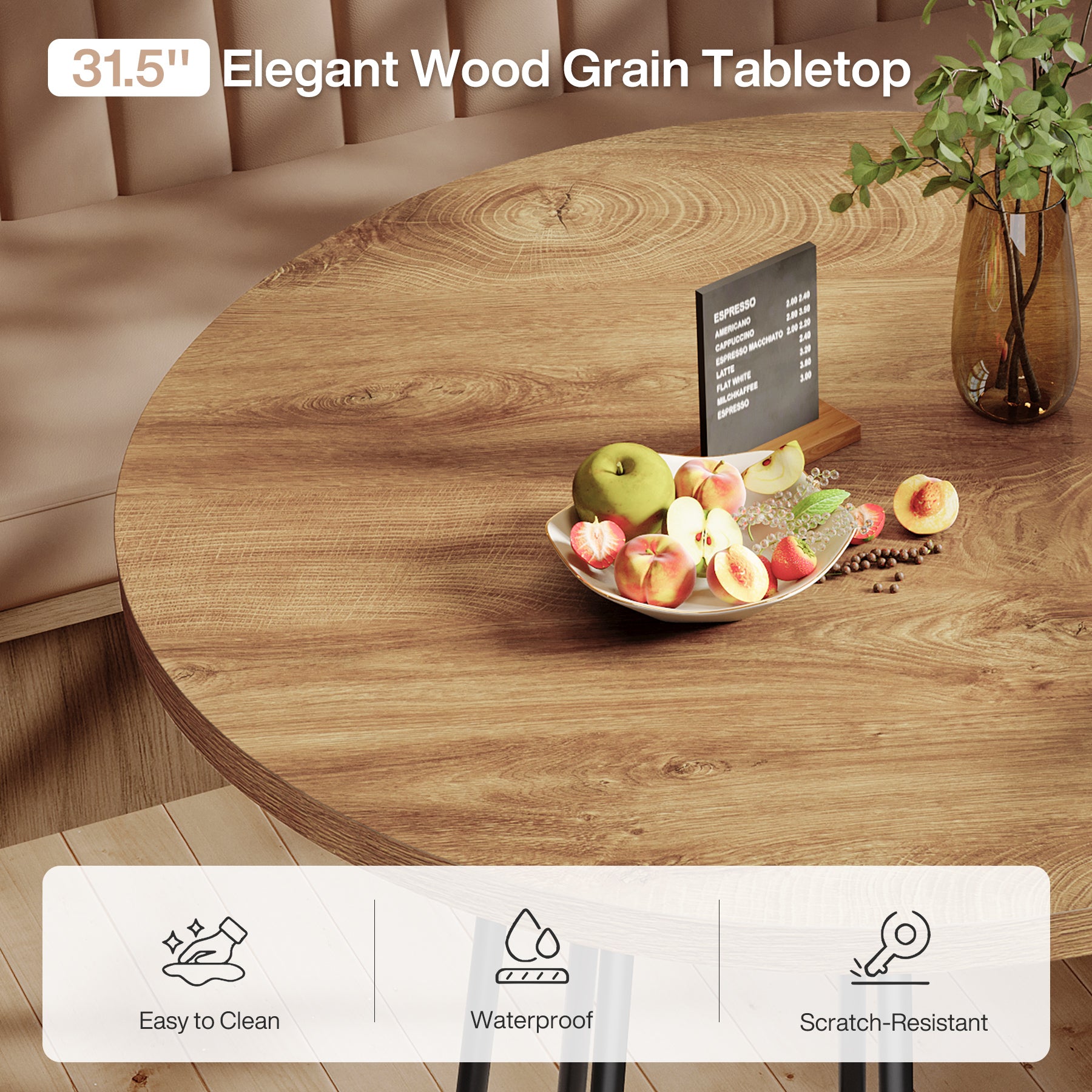 31.5 Inch Round Industrial Dining Table, Rustic Brown Circle Table with Metal Base for Small Spaces