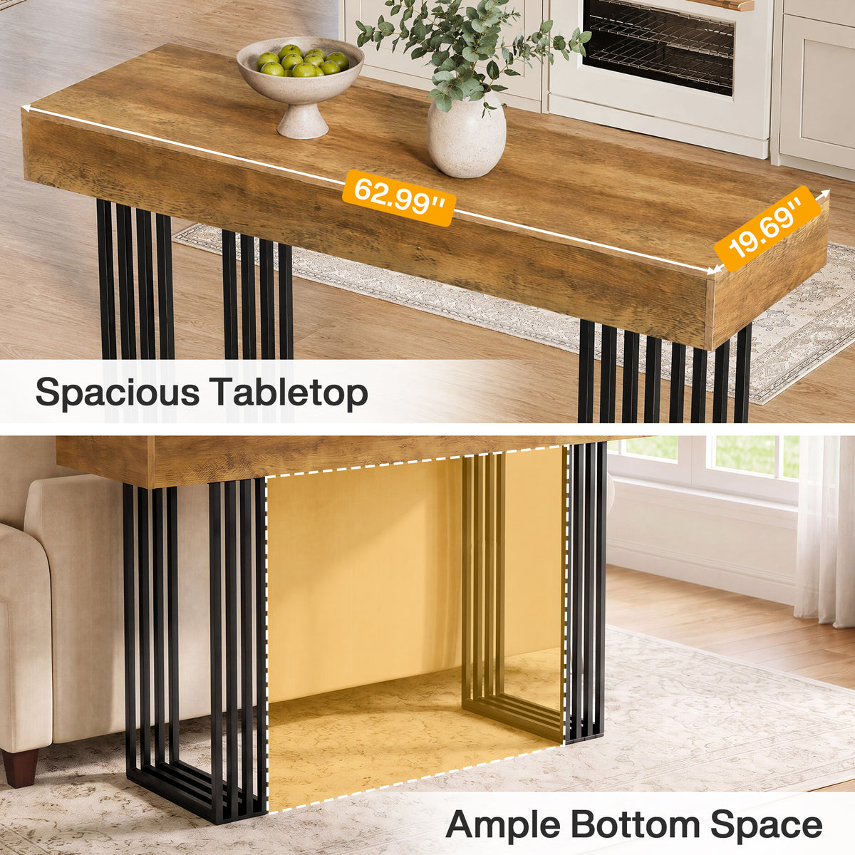 63 Inch Bar Height Table with Metal Frame, Industrial Farmhouse Pub Table for Kitchen and Home Office