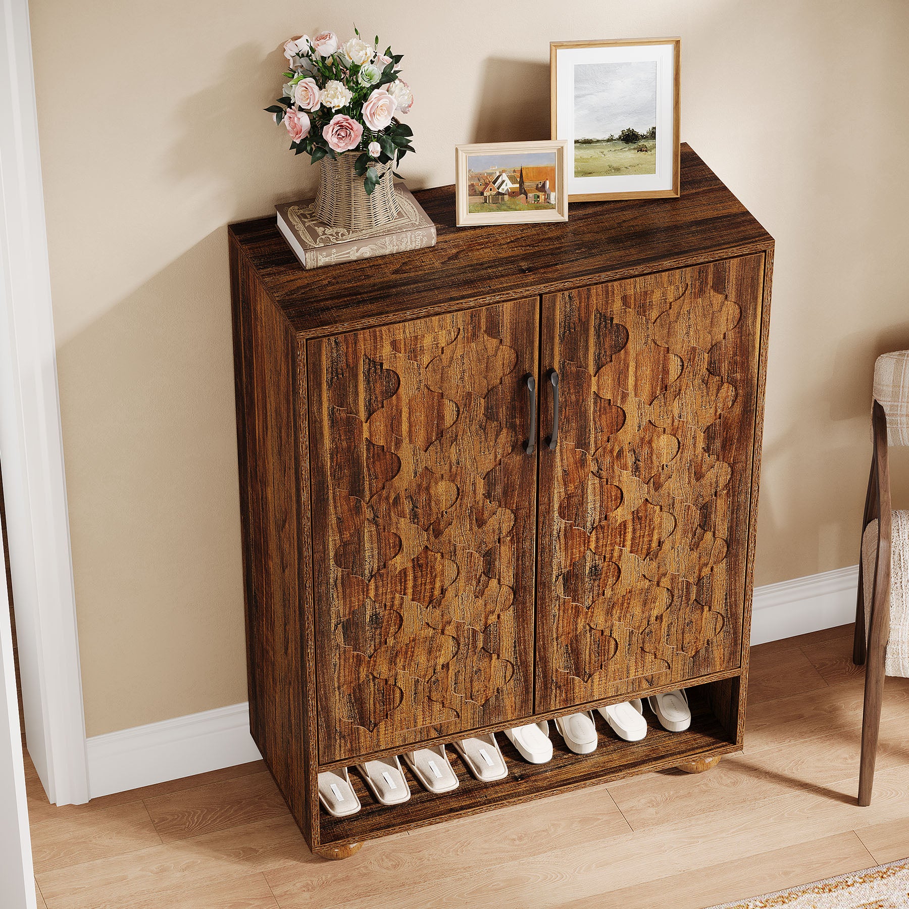 Tribesigns 31.5-Inch Solid Wood Shoe Cabinet for Entryway, Farmhouse Tall Shoe Storage Cabinet with Doors and Adjustable Shelves for Hallway