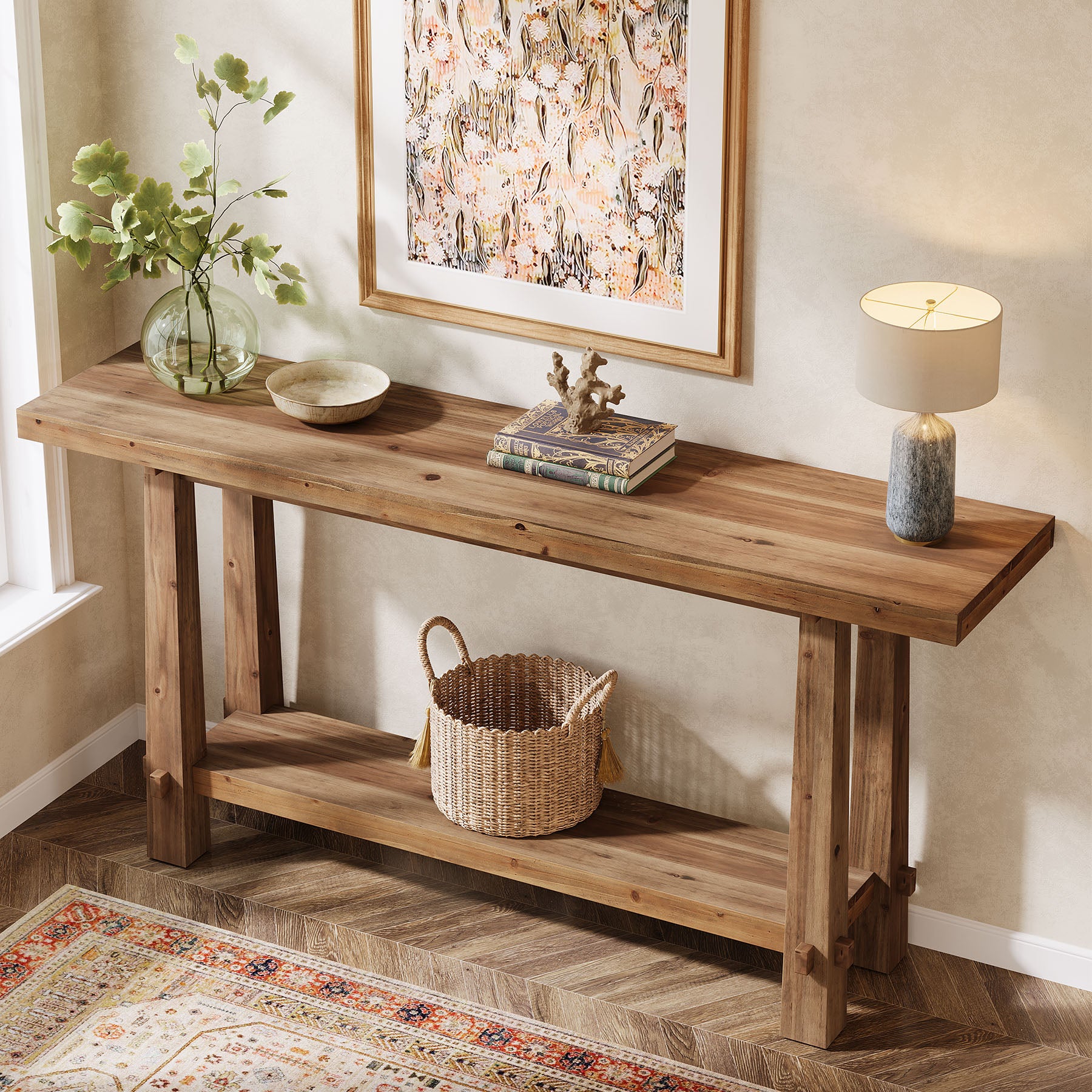 Tribesigns 63" Console Table, Farmhouse Solid Wood Entryway Sofa Table with 2-Tier Storage