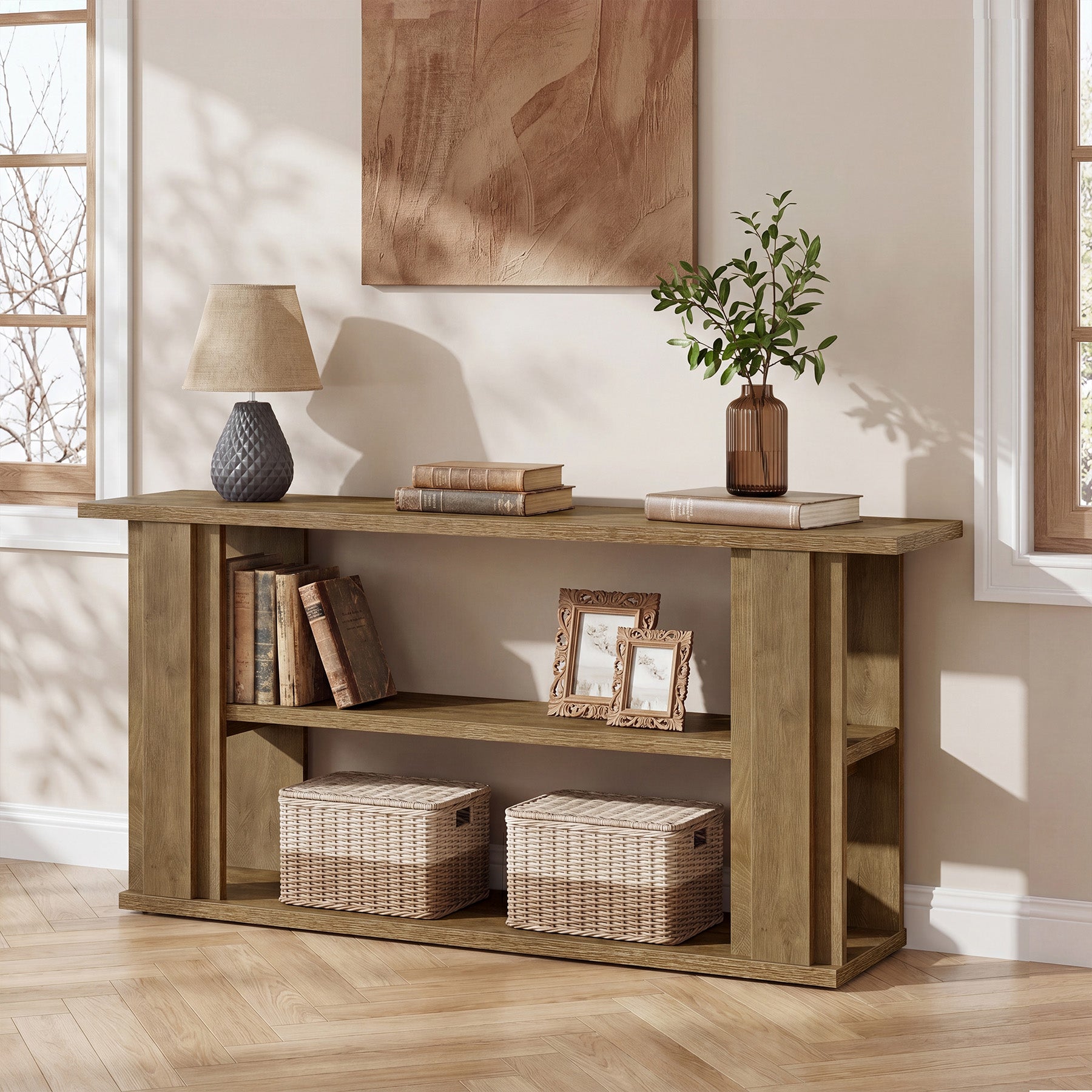 Tribesigns 63-Inch Farmhouse Console Table with 3-Tier Storage Shelves and Wide Panel Supports, Narrow Sofa Table for Living Room Hallway and Foyer