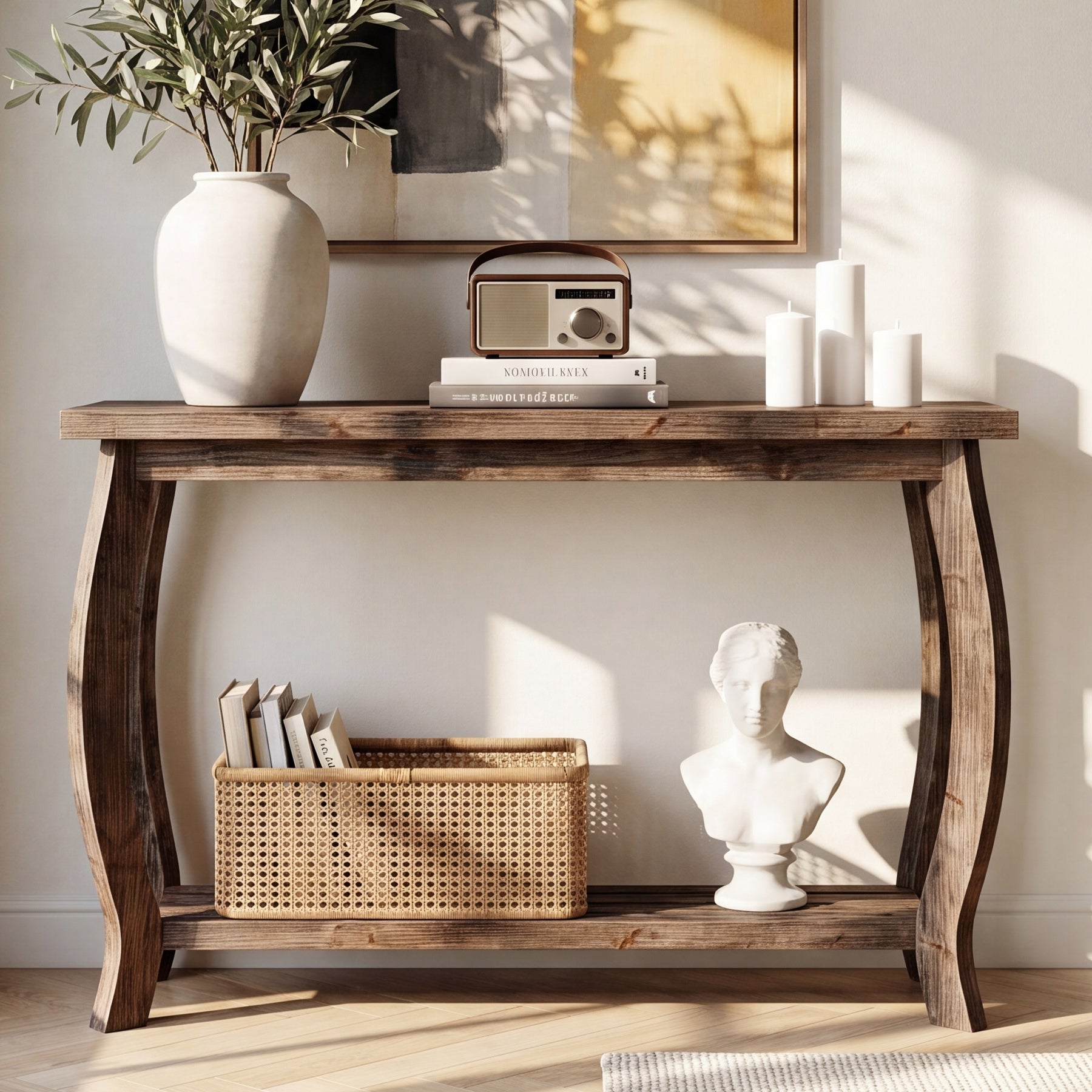 41.3 Inch Solid Wood Console Table with Curved Legs, Farmhouse Entryway Table with Shelf