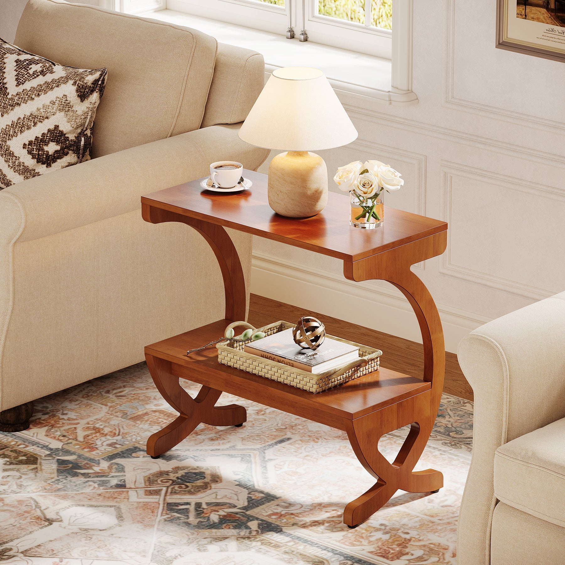 23.62-Inch Narrow End Table with 2-Tier Storage Shelf, Solid Wood Side Table for Living Room