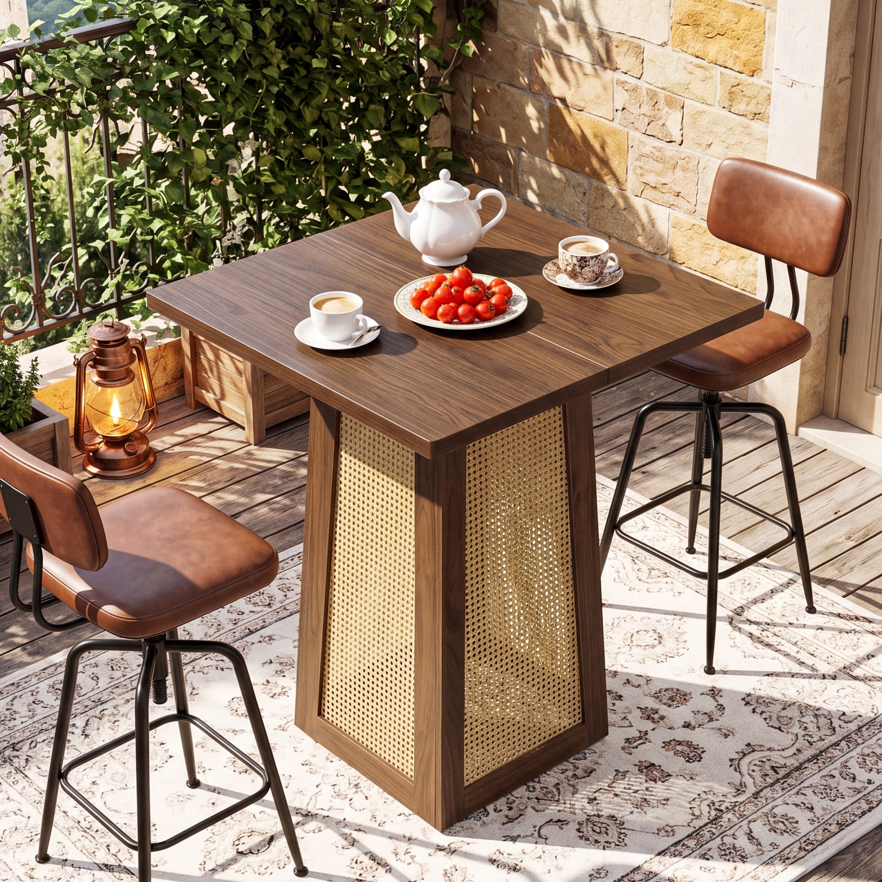31.5-Inch Square Bar Table, Counter Height Pub Table with Rattan Pedestal Base for Home Bar Kitchen and Small Spaces