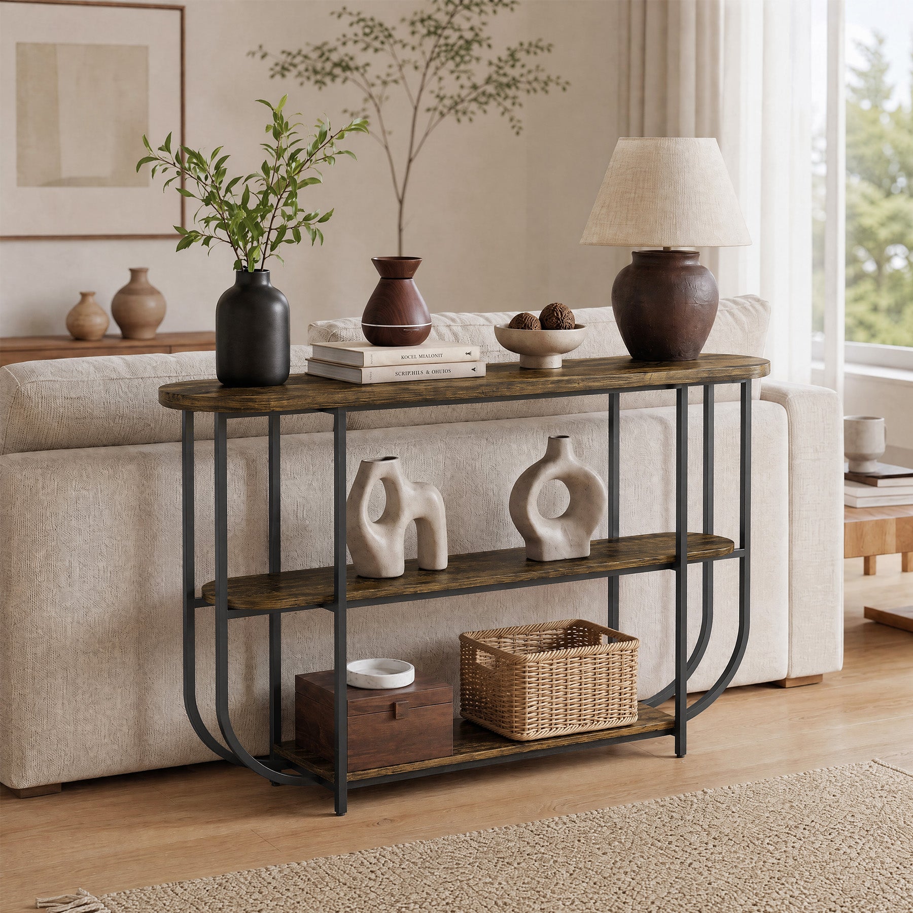 Tribesigns 63-Inch 3-Tier Narrow Console Table with Curved Metal Frame, Modern Vintage Entryway Sofa Table for Living Room