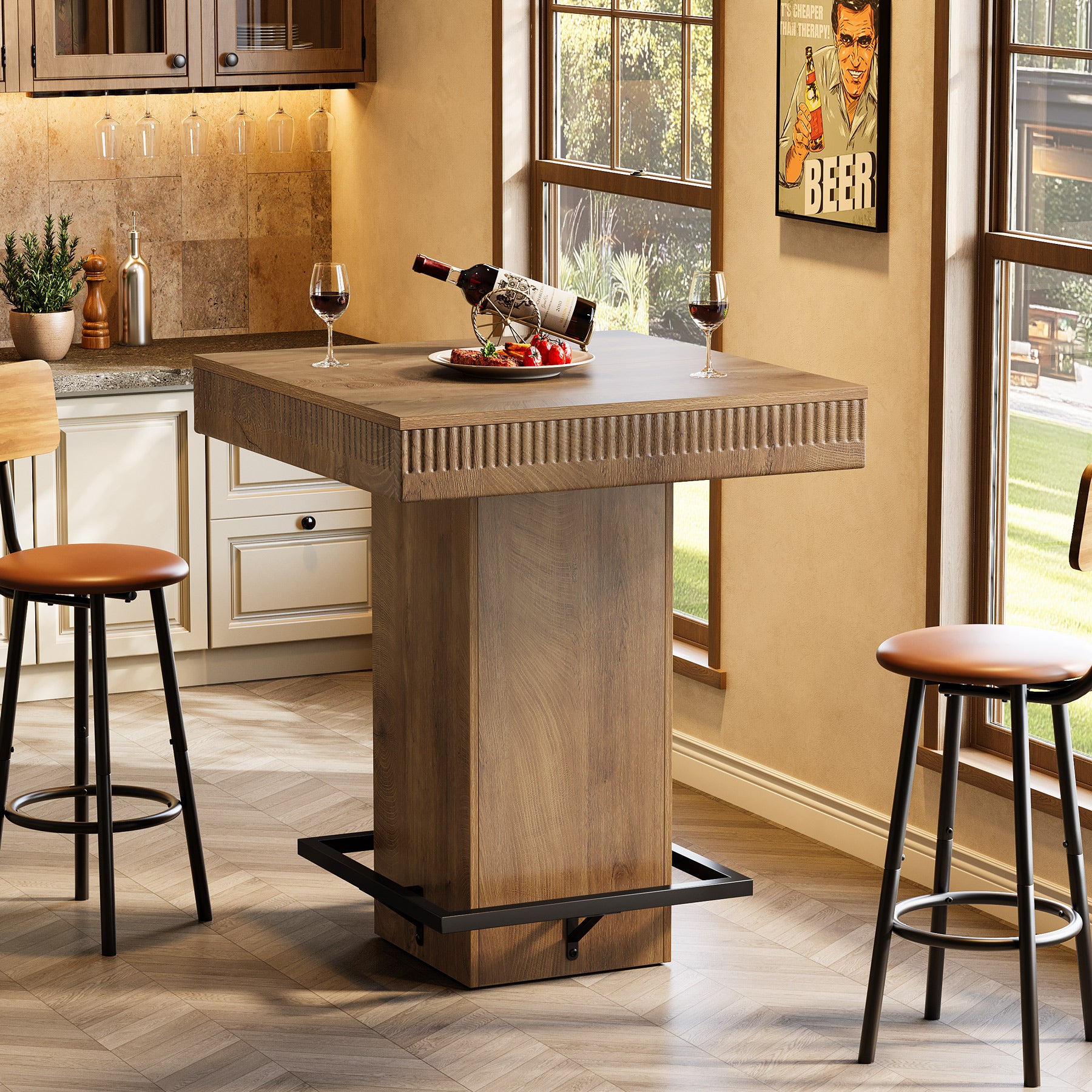 Tribesigns 31.5-Inch Square Bar Table with Metal Footrest, Industrial Pub Table for Small Kitchens