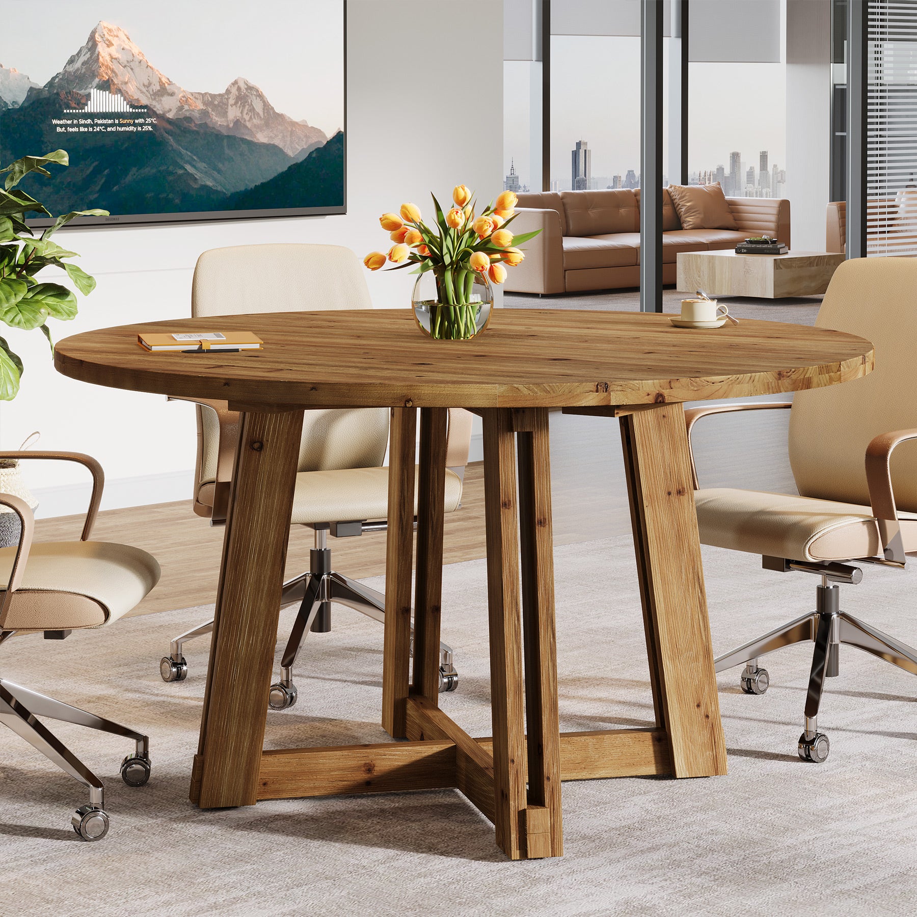 Tribesigns 47-Inch Solid Wood Conference Table for 4-6 People, Round Meeting Table with Crossed Frame for Office and Home Office