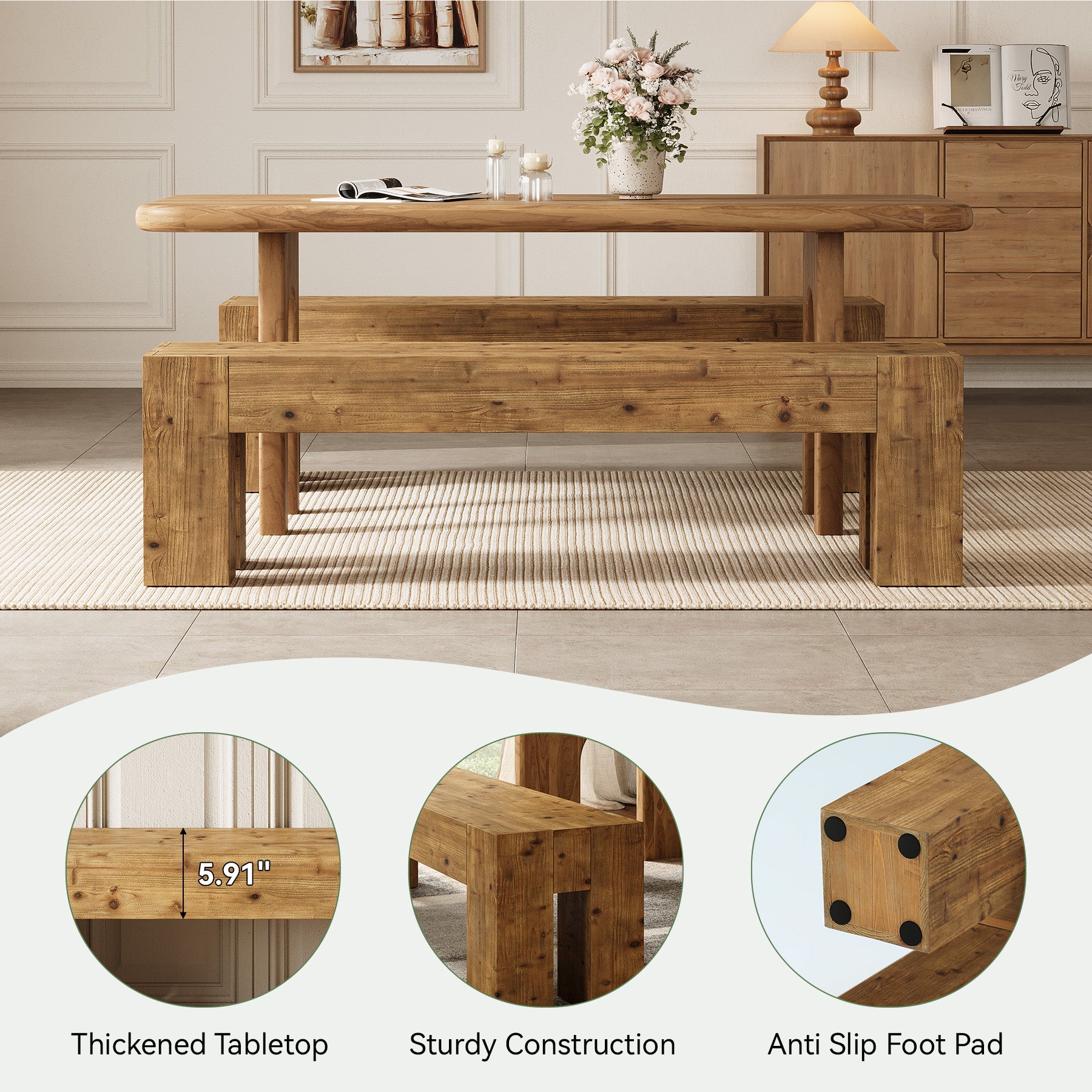 Tribesigns 63-Inch Solid Wood Dining Bench with Sturdy Frame, Farmhouse Kitchen Table Bench for Dining Room Kitchen and Entryway