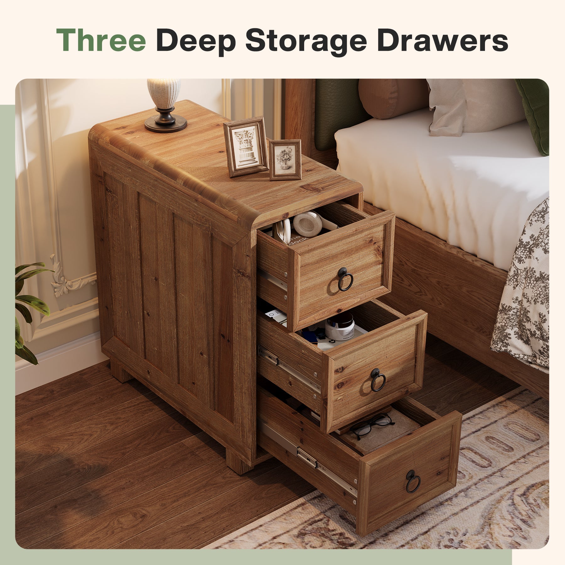 Tribesigns 11.81 Inch Narrow Solid Wood Side Table with 3 Drawers, Slim Bedside Table for Bedroom