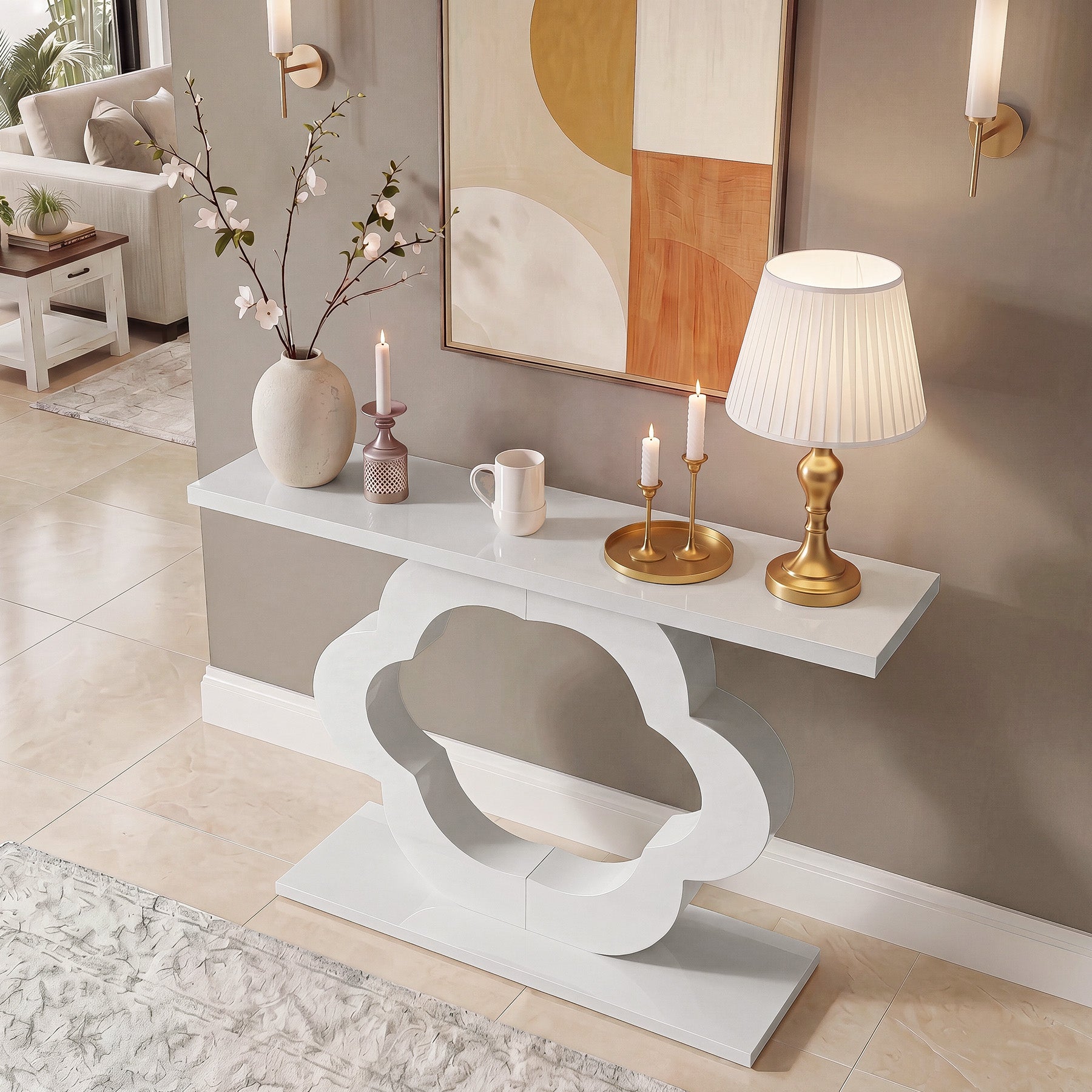 39.4-Inch White High-Gloss Console Table with Flower Cutout Base, Narrow Entryway Table for Living Room and Hallway