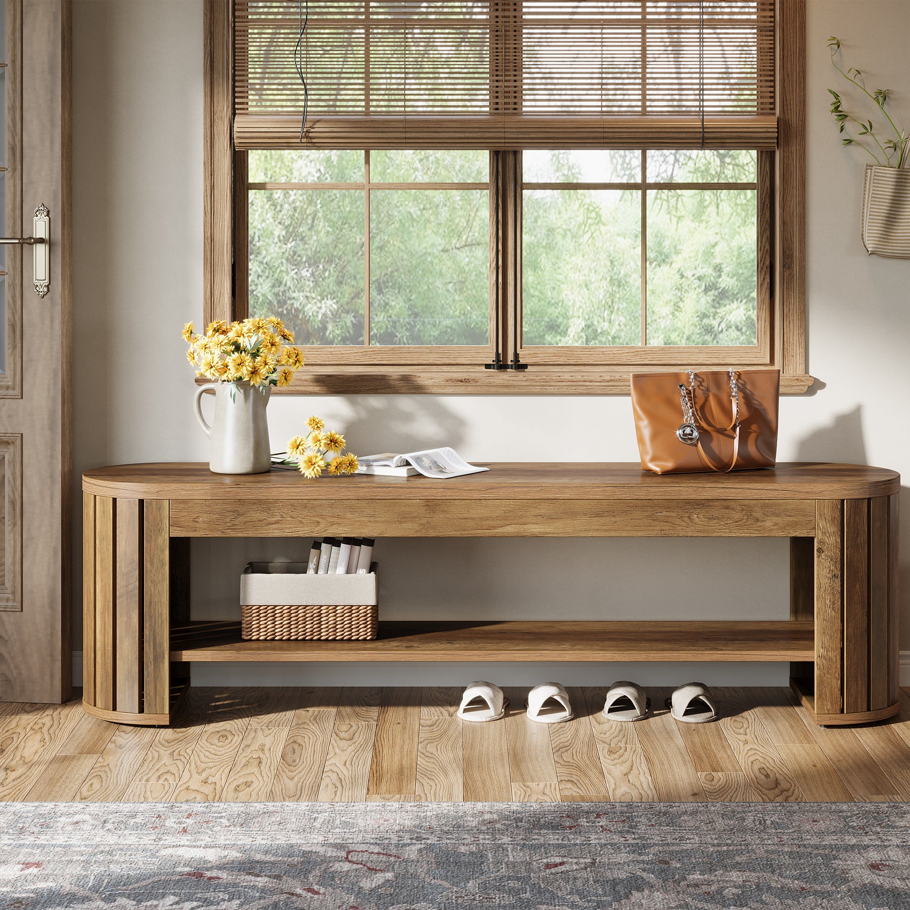 Tribesigns 63-Inch Wooden Shoe Bench with 2-Tier Storage, Narrow Entryway Bench for Entrance and Hallway