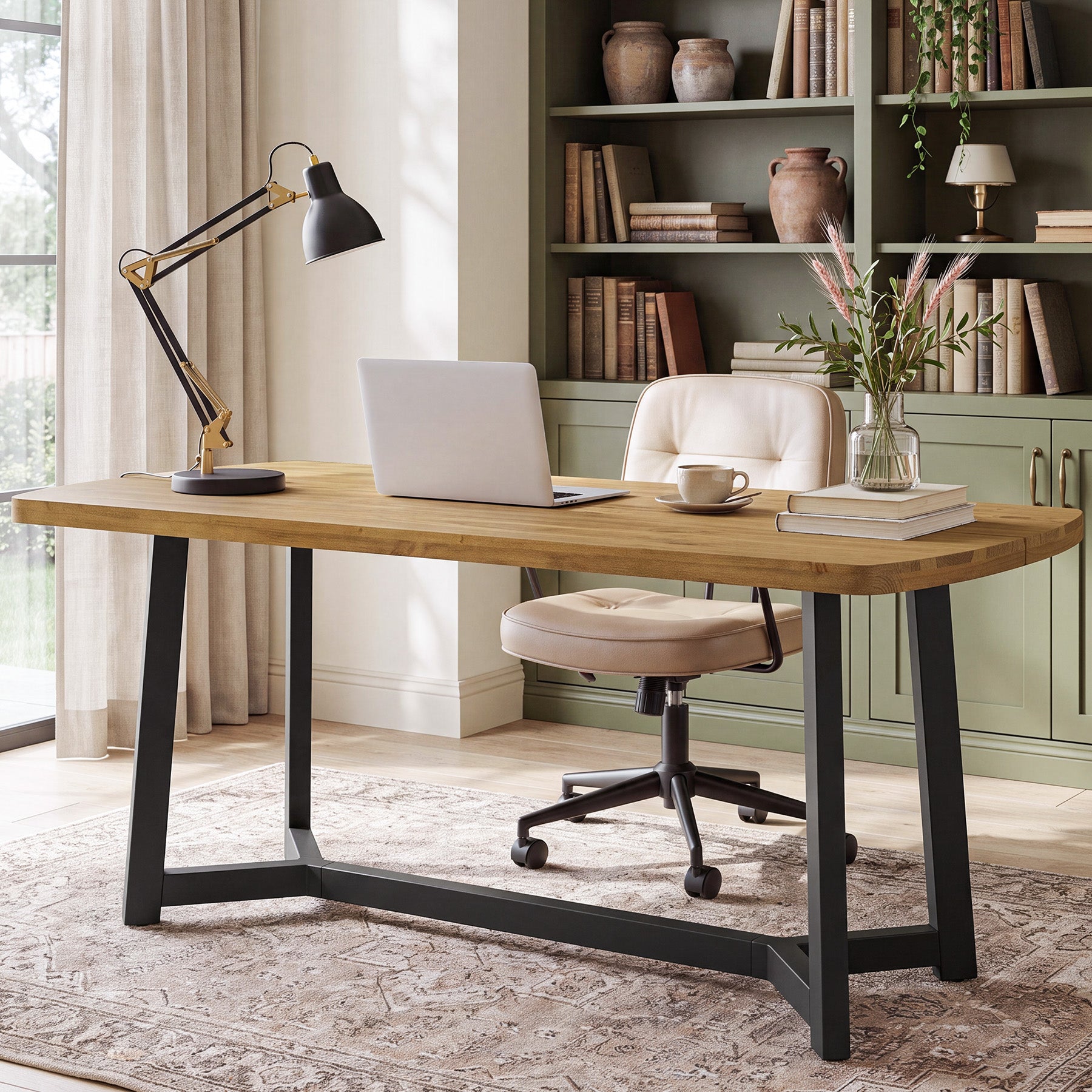 Tribesigns 63-Inch Solid Pine Wood Office Desk, Large Computer Desk with Metal Frame for Home Office
