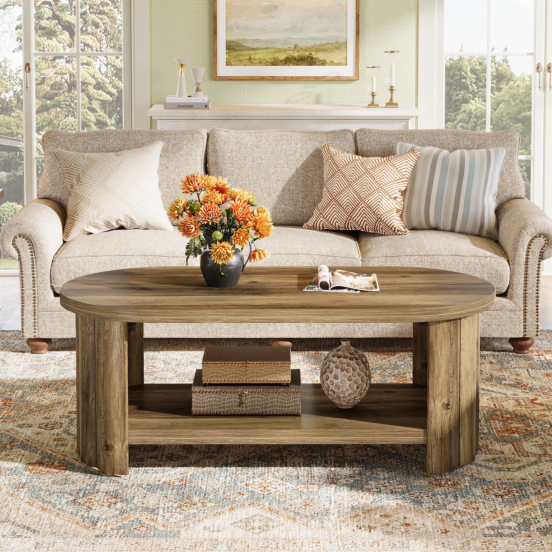 47.24-Inch Oval Coffee Table with 2-Tier Storage Shelf and Dual Base, Farmhouse Accent Center Table
