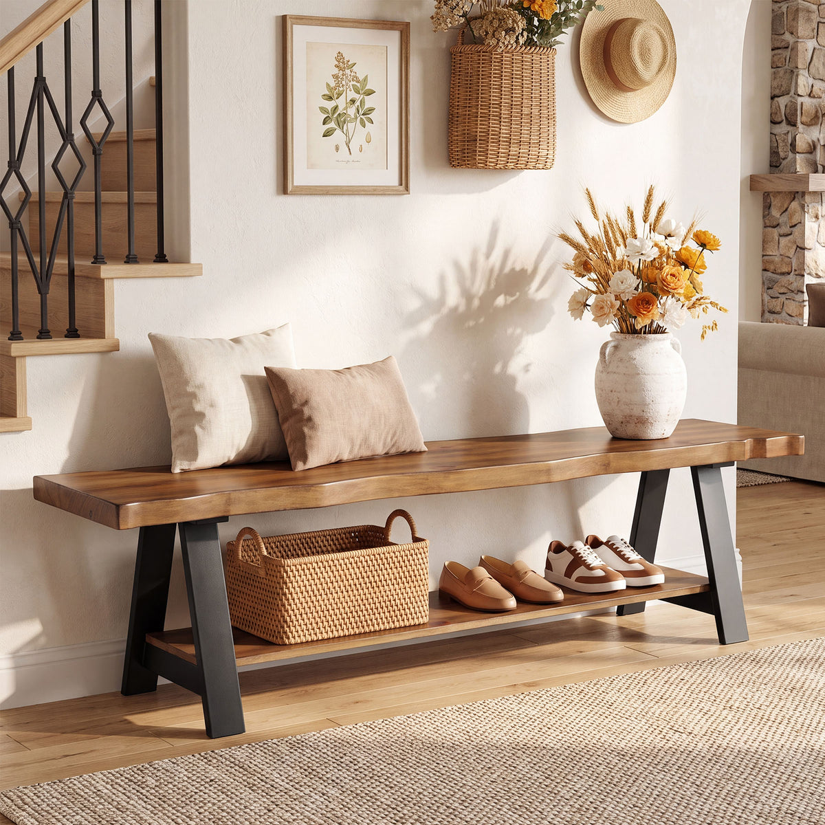 Tribesigns 63" Solid Wood Entryway Bench with Live Edge & 2-Tier Shoe Storage, Hallway & Mudroom