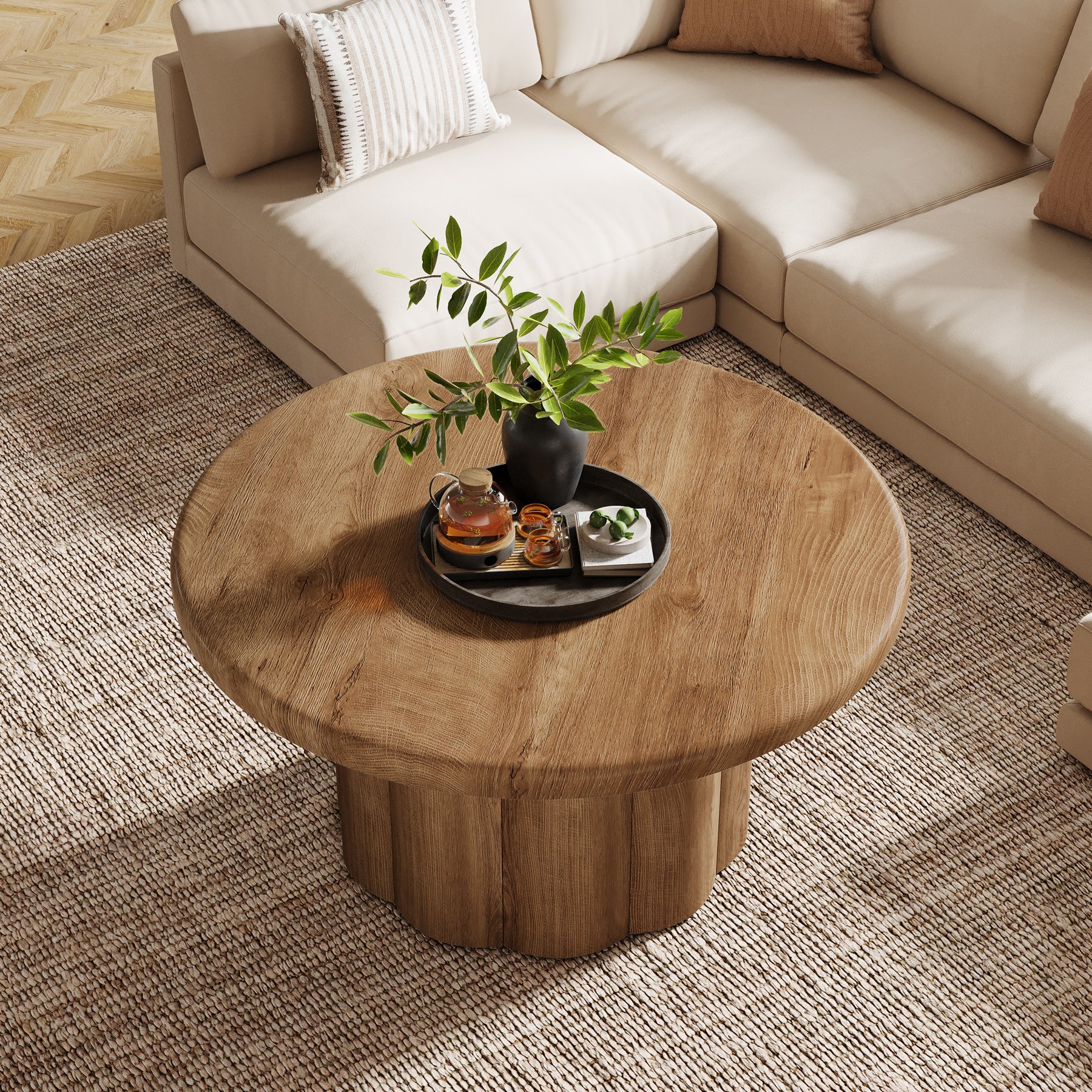 Rustic Fluted Drum Table,31.5" Round Farmhouse Center Table for Cozy Living