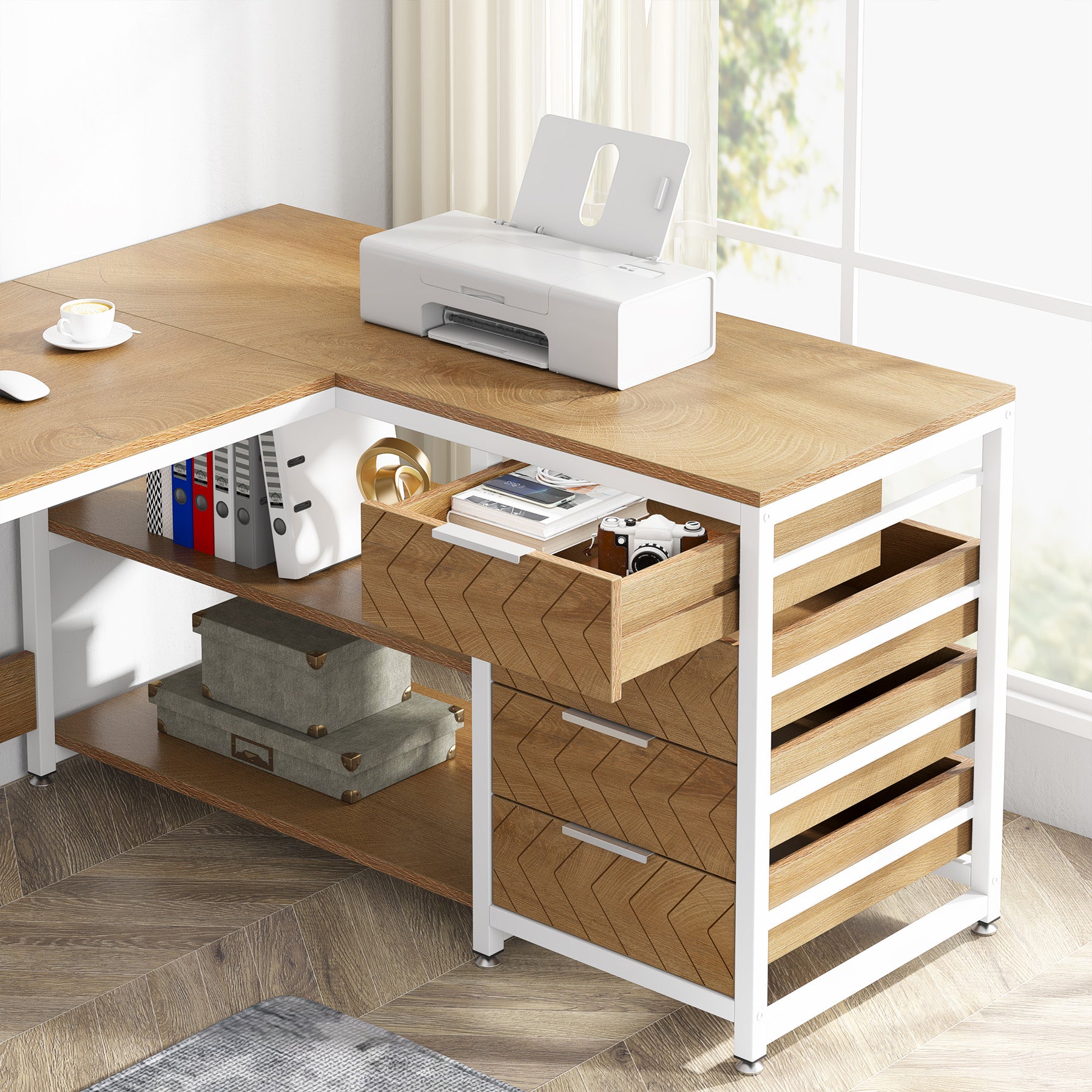 59" L-Shaped Desk, Reversible Corner Computer Desk with Drawers and Shelves