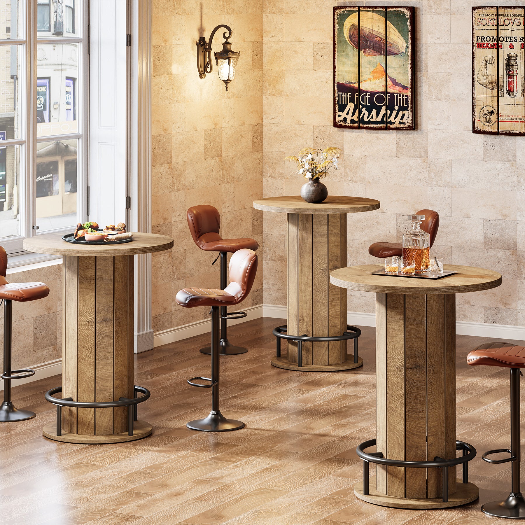 39.4" Round Wood Bar Table, Metal Ring Footrest for Dining & Living