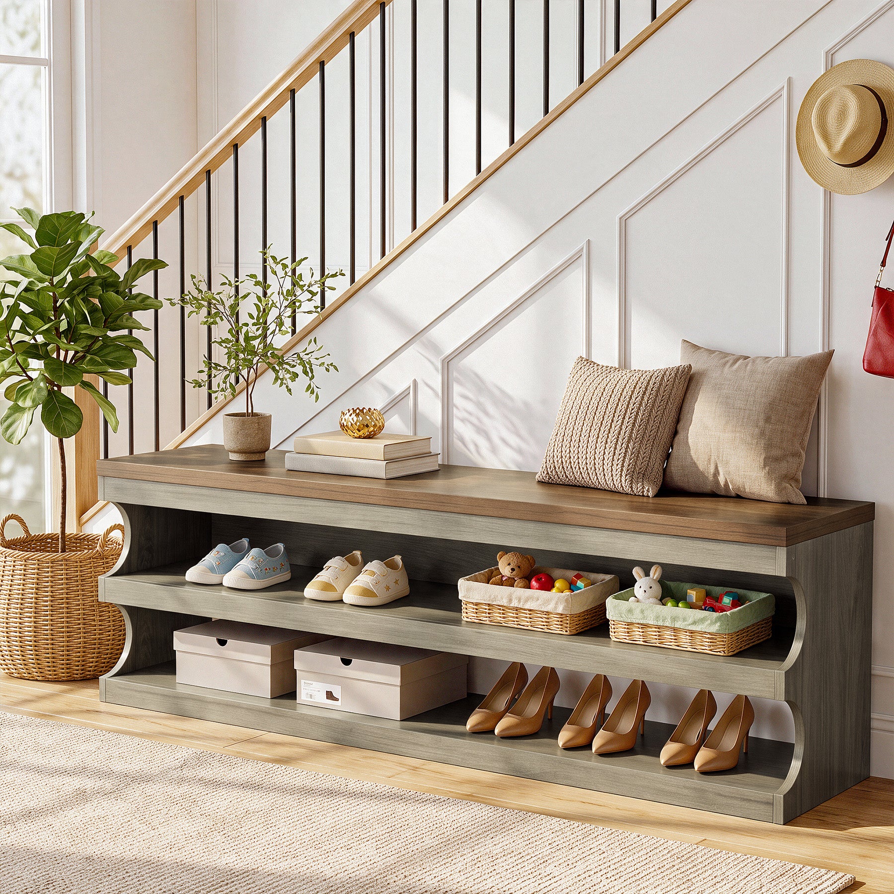 Tribesigns 55 Inch Entryway Bench, 3 Tier Shoe Storage Bench with Seating for Hallway and Bedroom