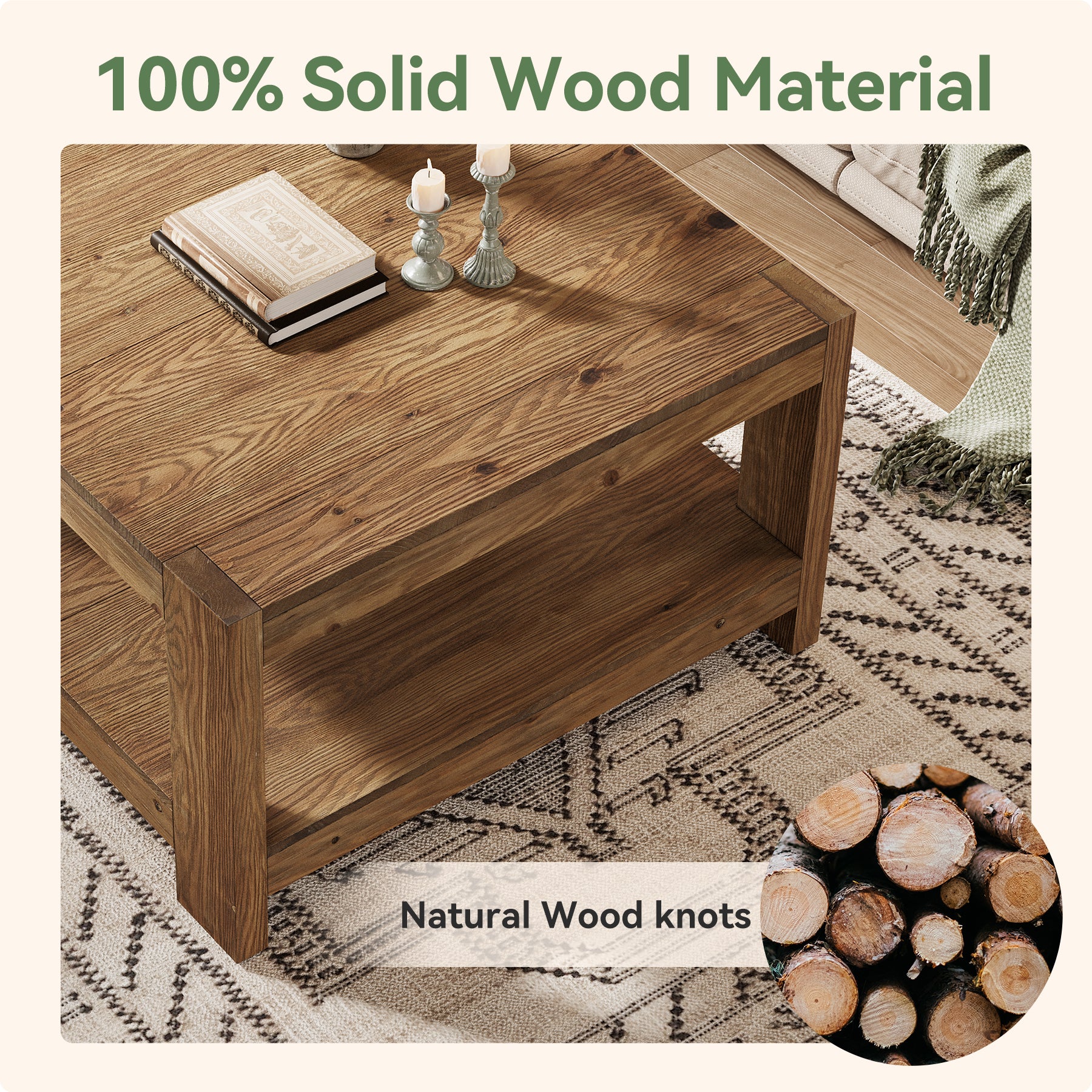 Tribesigns 31.5-Inch Square Farmhouse Coffee Table with Storage Shelf, Solid Wood Center Table for Living Room