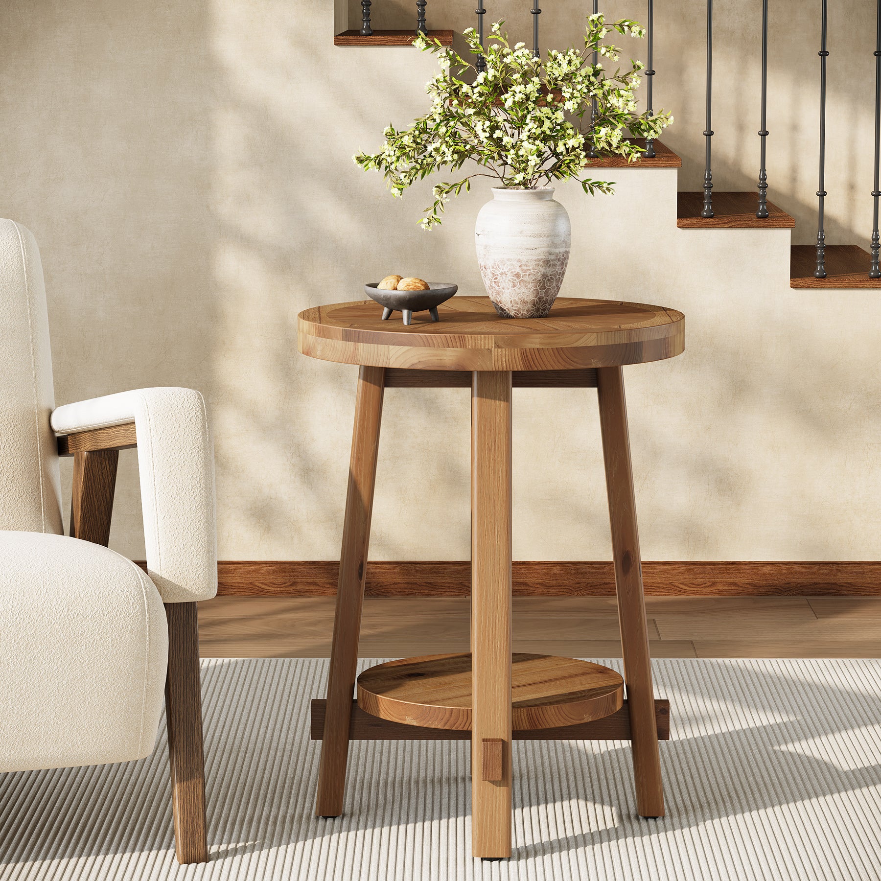 Tribesigns 19.7-Inch Solid Wood Side Table with 2-Tier Shelf, Round Farmhouse Table for Living Room