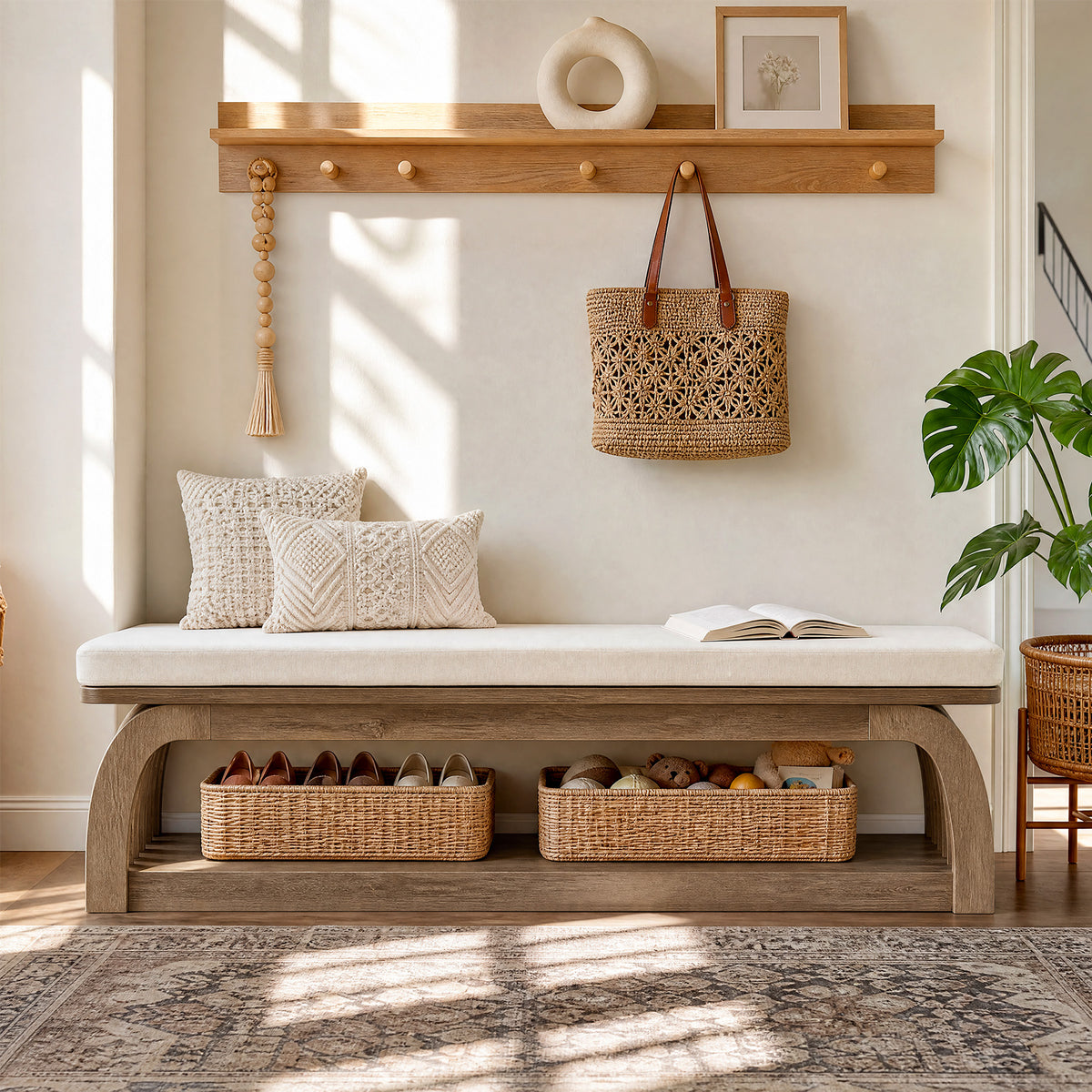 Tribesigns 55.1 Inch Upholstered Entryway Bench with 2-Tier Shoe Storage, Farmhouse Hallway Bench