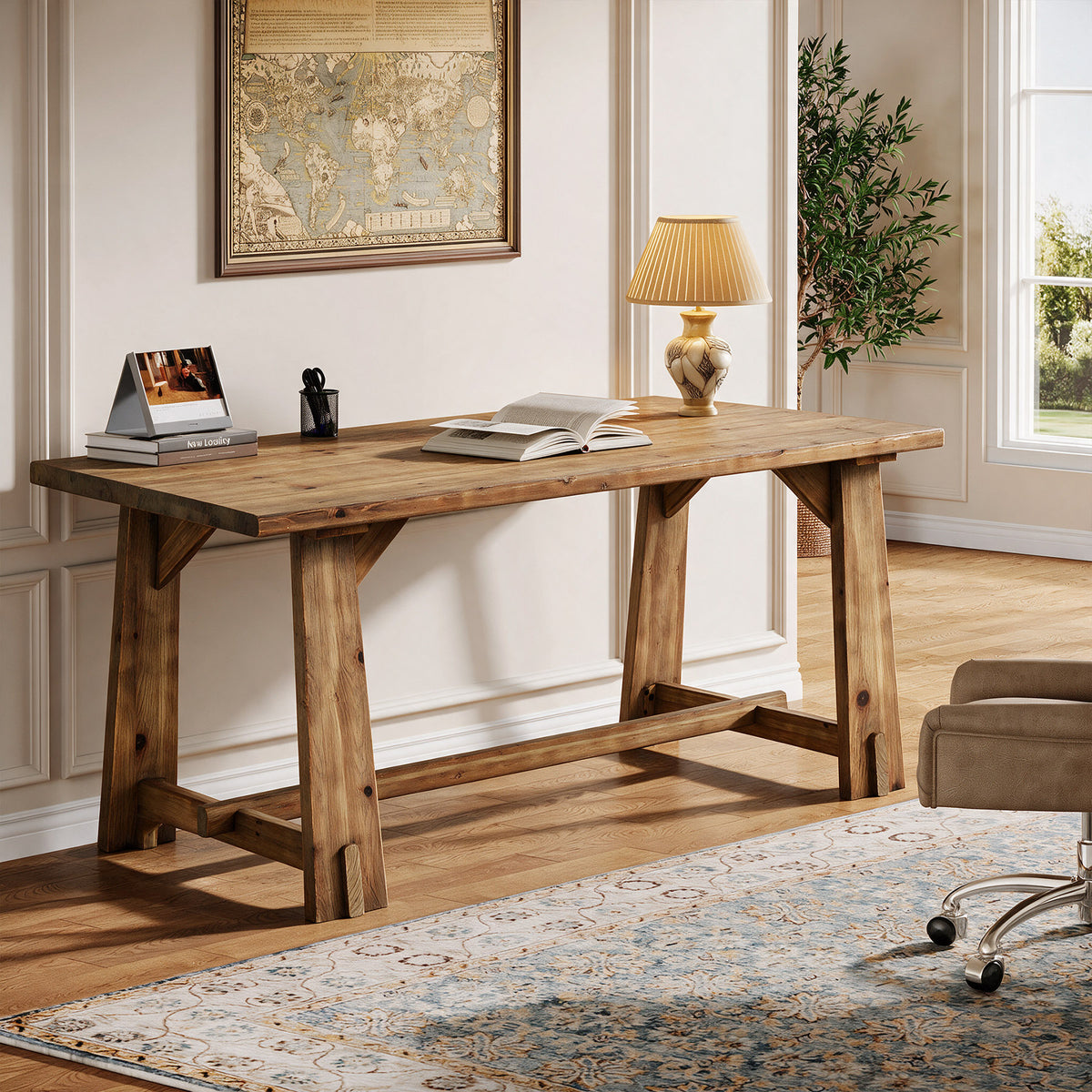 Tribesigns 63 Inch Solid Wood Executive Desk with Spacious Worktop, Farmhouse Office Computer Desk for Home Office