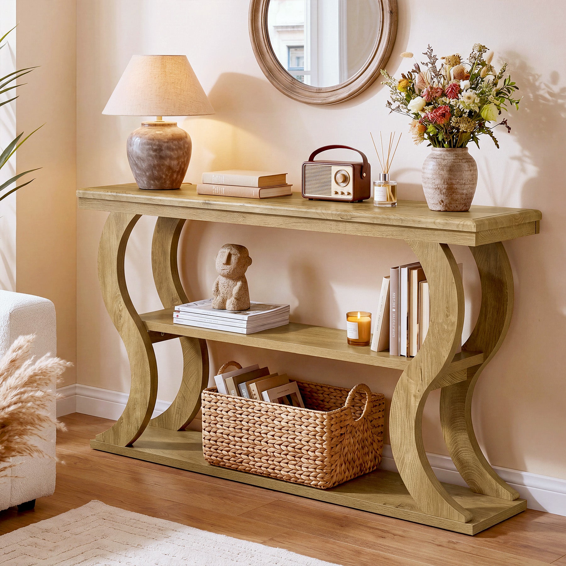Tribesigns 55 Inch Console Table with 3-Tier Storage, Farmhouse Hallway Table with Wave Legs
