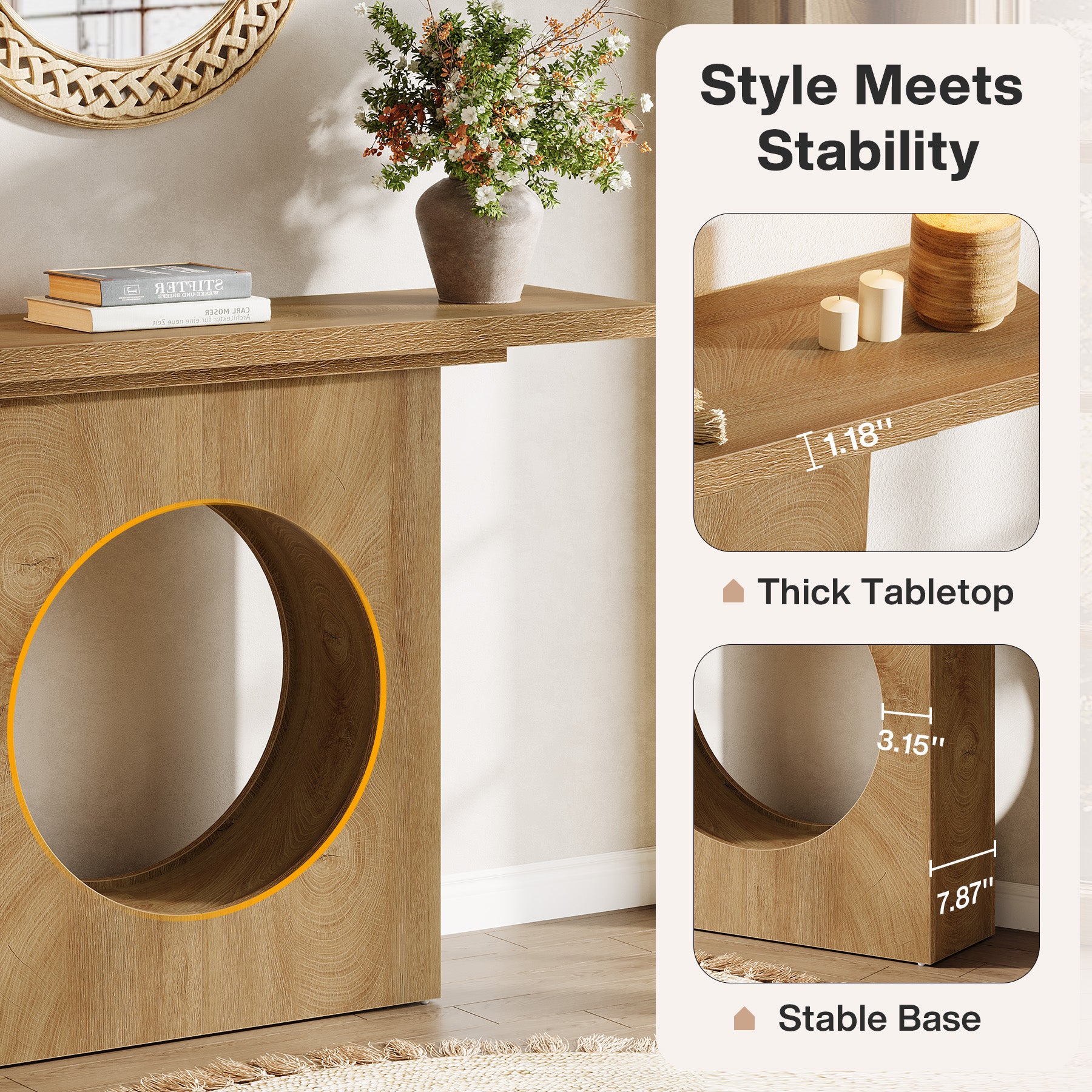 41.3-Inch Farmhouse Console Table, Narrow Entryway Table with Round Hole Design