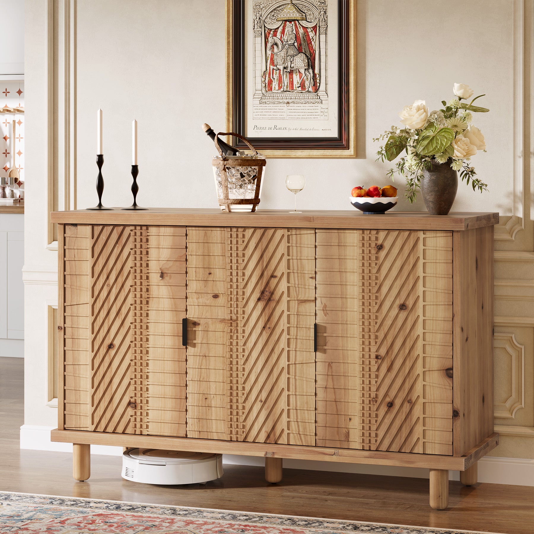 Tribesigns 47.6-Inch Farmhouse Sideboard Cabinet with 3 Doors, Solid Wood Buffet Cabinet for Kitchen