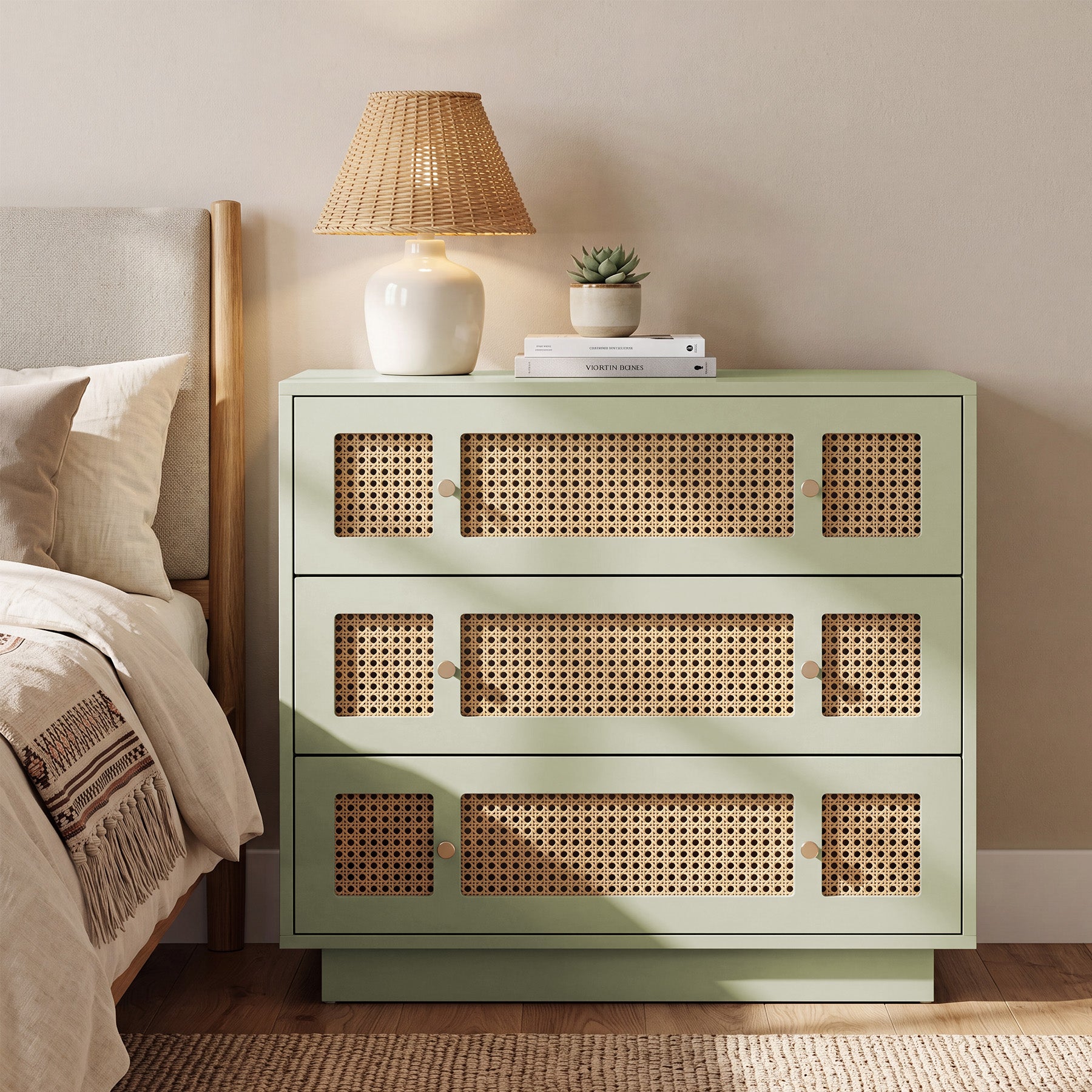 Tribesigns 31.5 Inch Rattan Nightstand with 3 Drawers, Oversized Bedside Table for Bedroom