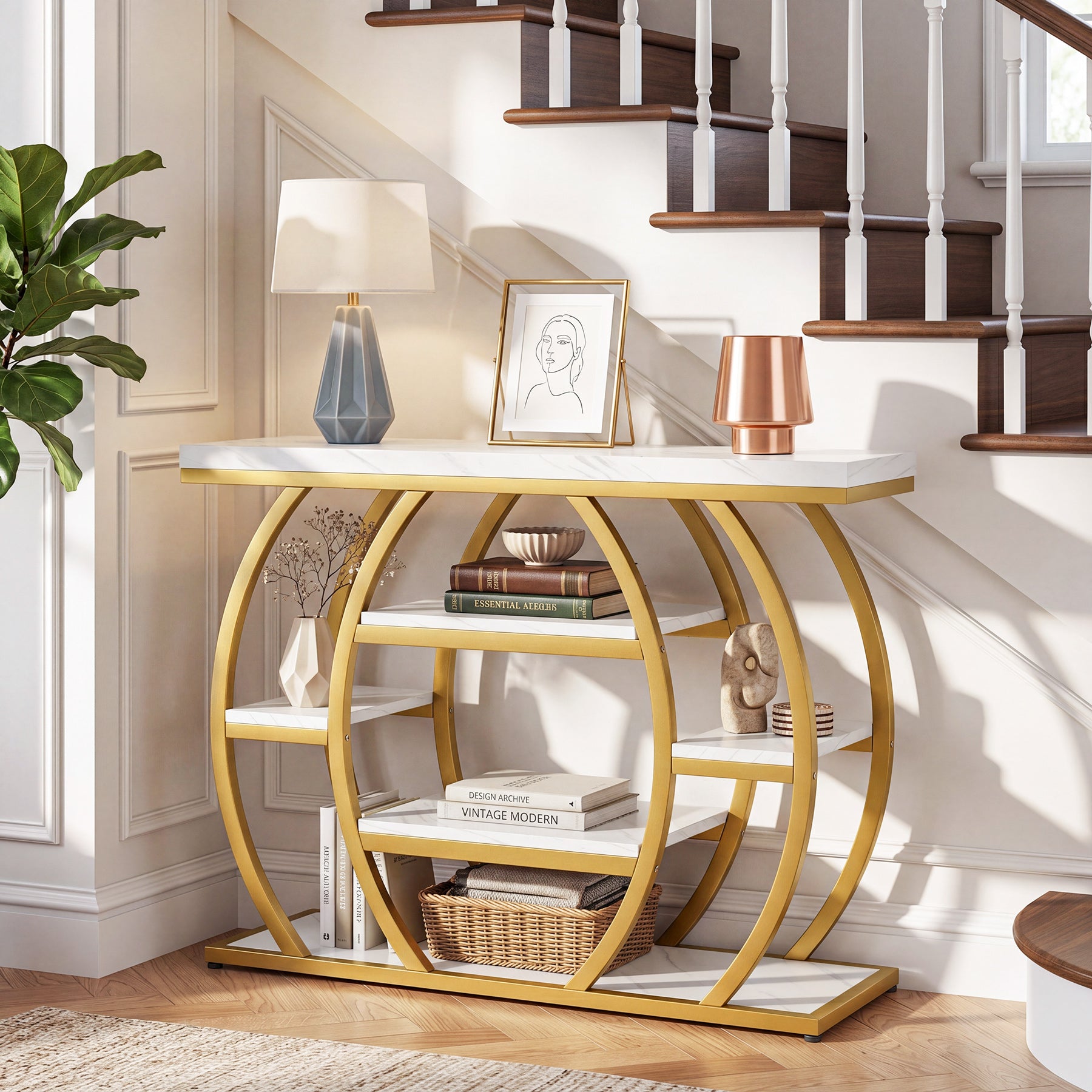 41.3-Inch Modern Console Table with 5-Tier Storage, Narrow Faux Marble Entryway Table for Living Room and Hallway