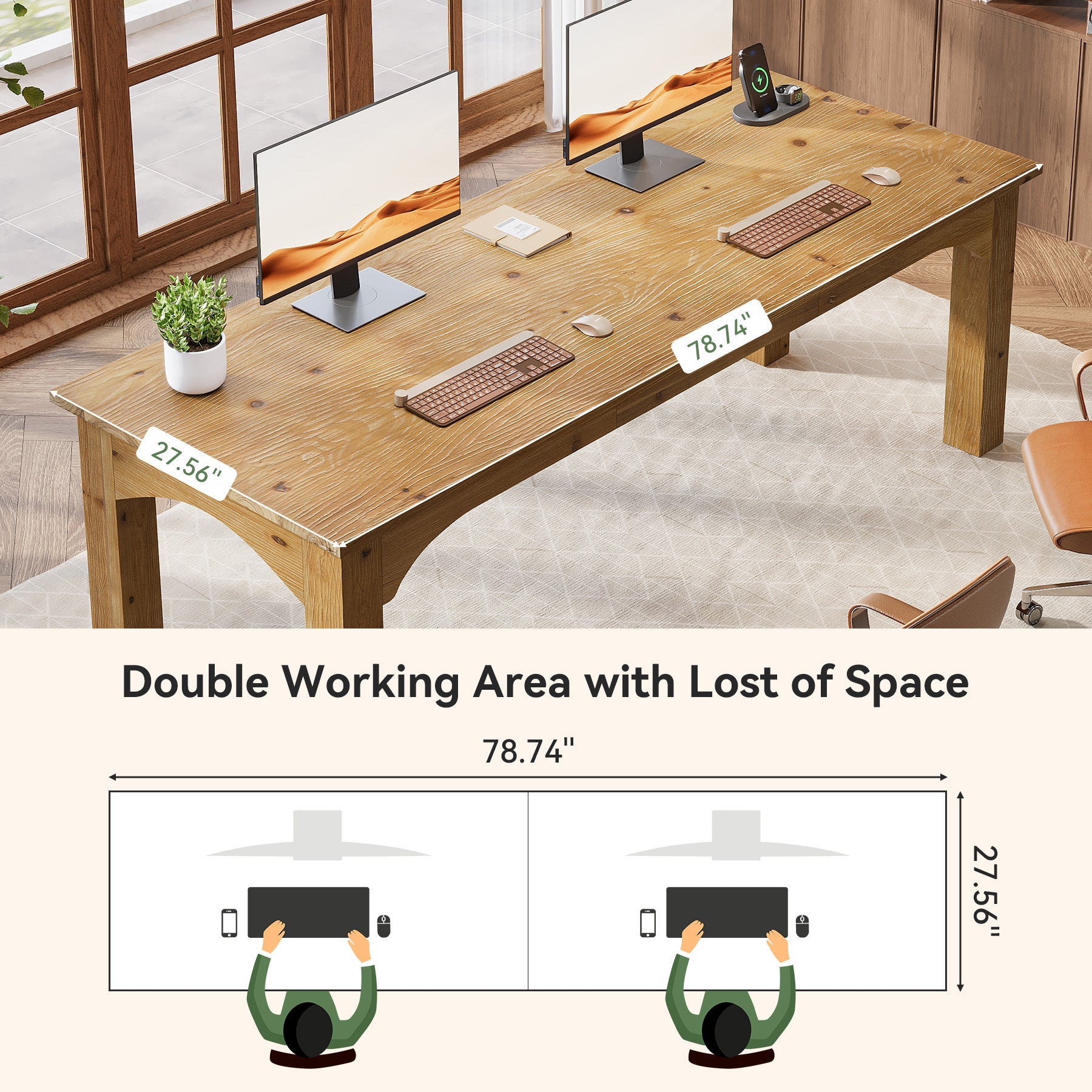 78.7-Inch Solid Wood Two Person Desk, Extra Long Double Workstation for Home Office