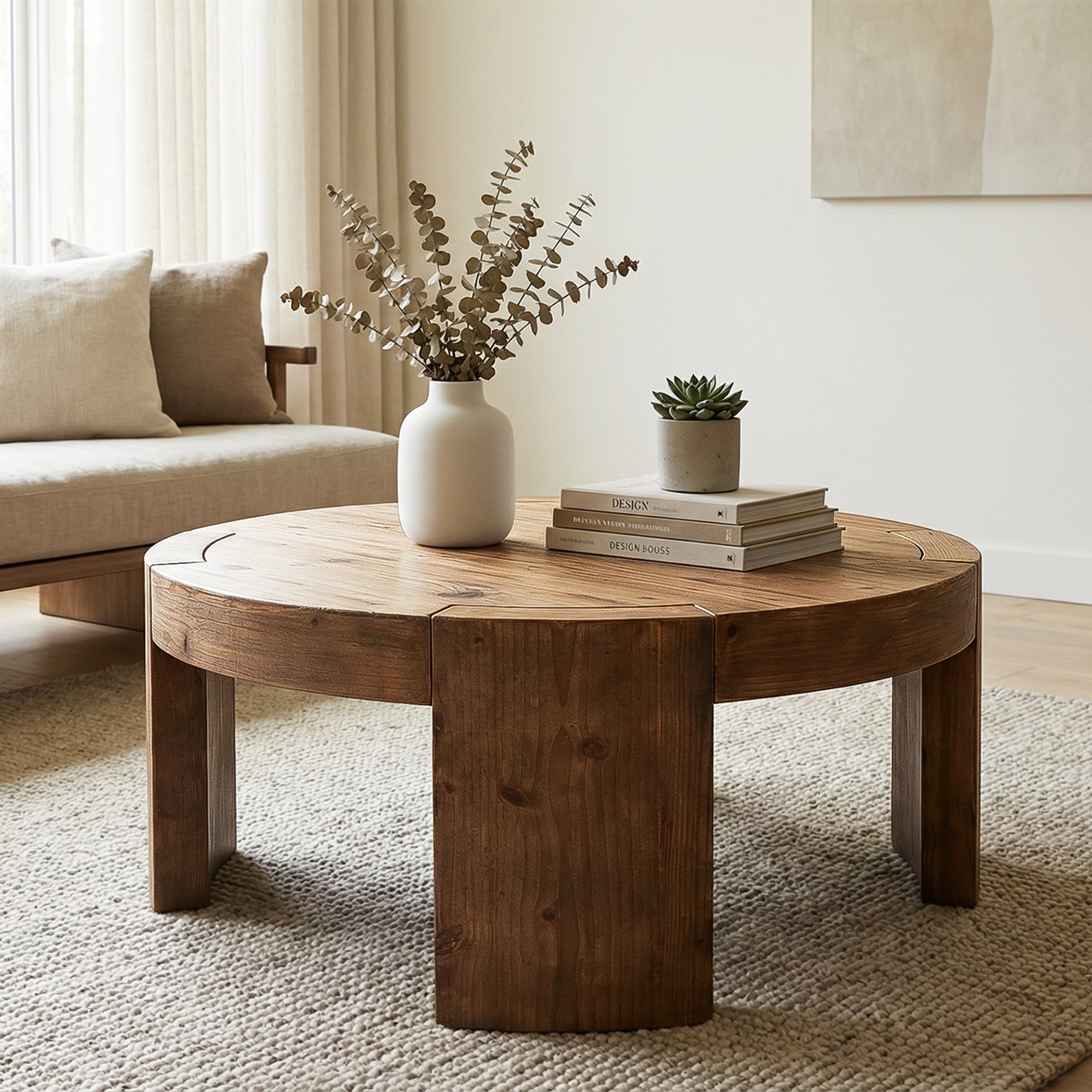 31.5 Inch Solid Wood Round Coffee Table with Integrated Tabletop, Farmhouse Center Table for Living Room