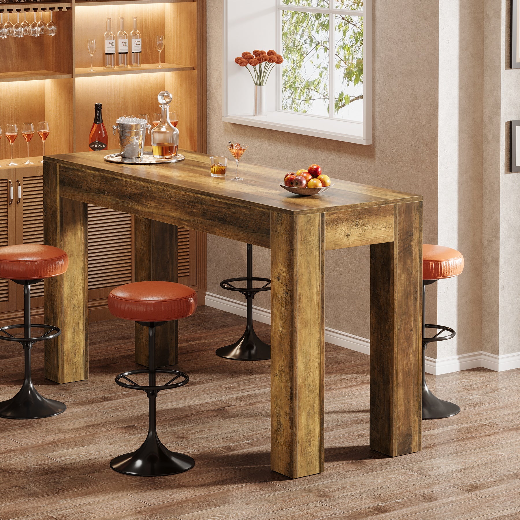 62.99-Inch Long Bar Table, Rectangular Counter Height Dining Table with 4 Sturdy Legs for Kitchen Home Bar