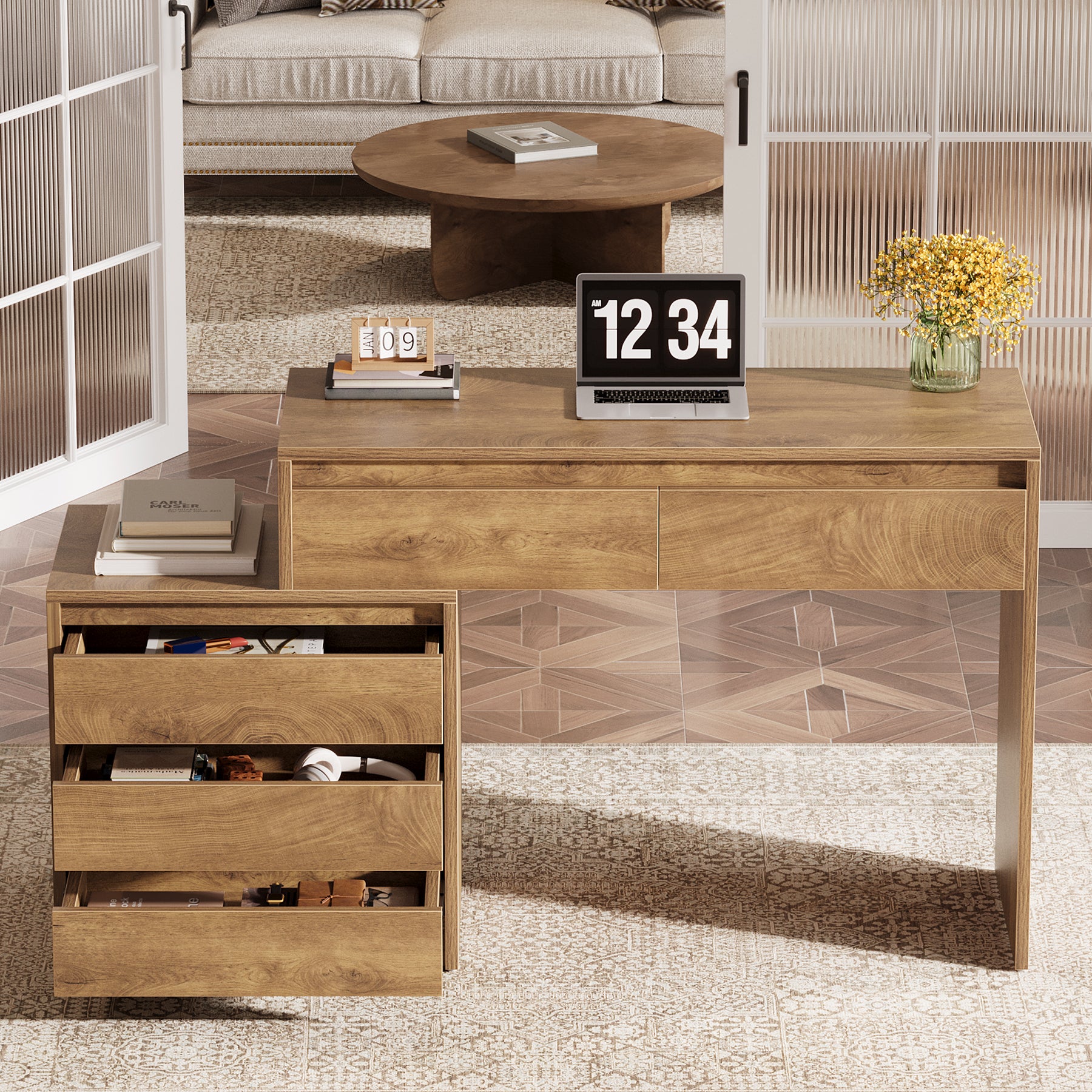 62.99-Inch Computer Desk with 5 Drawers, Industrial Home Office Desk with File Cabinet for Small Spaces