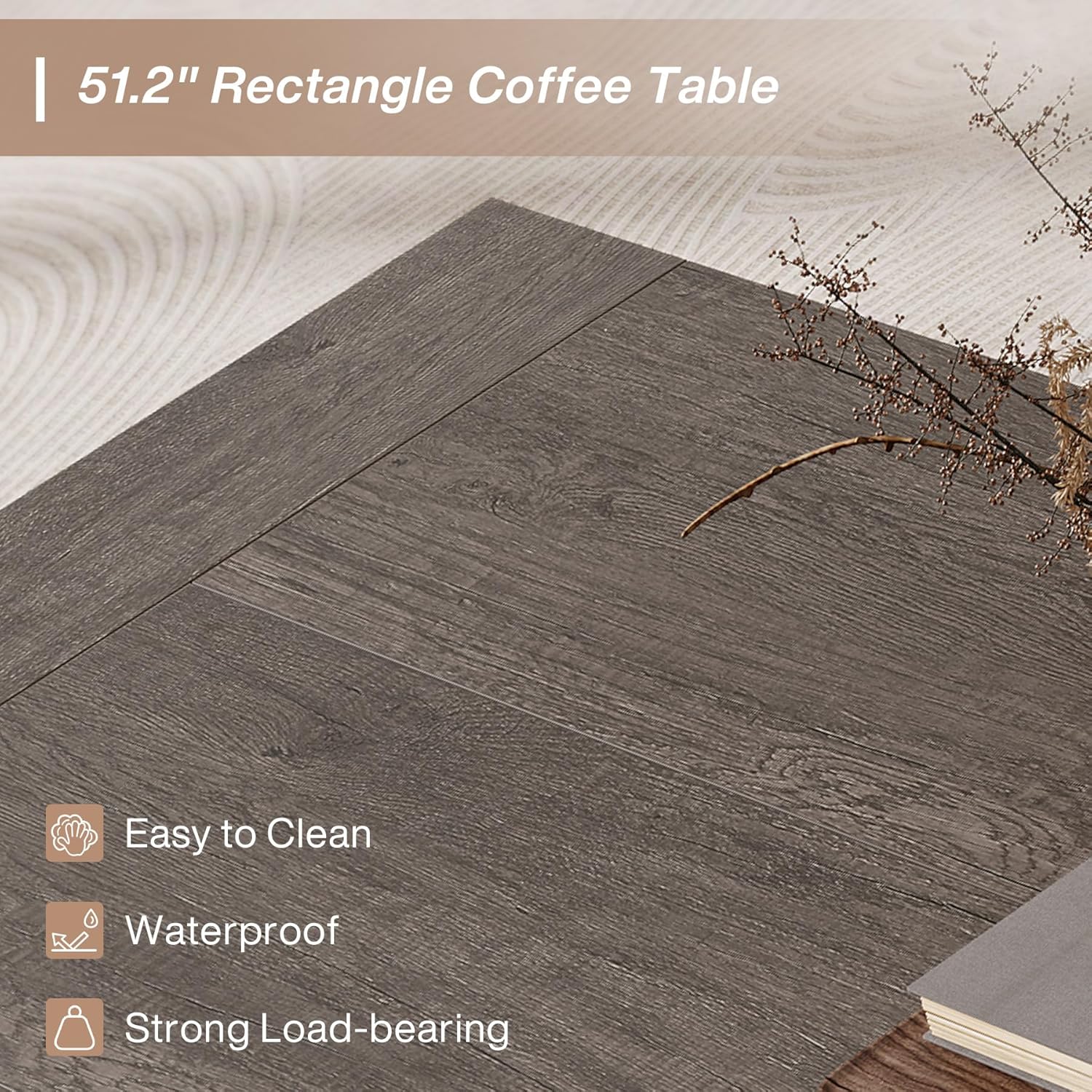 51" Farmhouse Rectangular Coffee Table - Rustic Taupe Cocktail Table with Sturdy Base