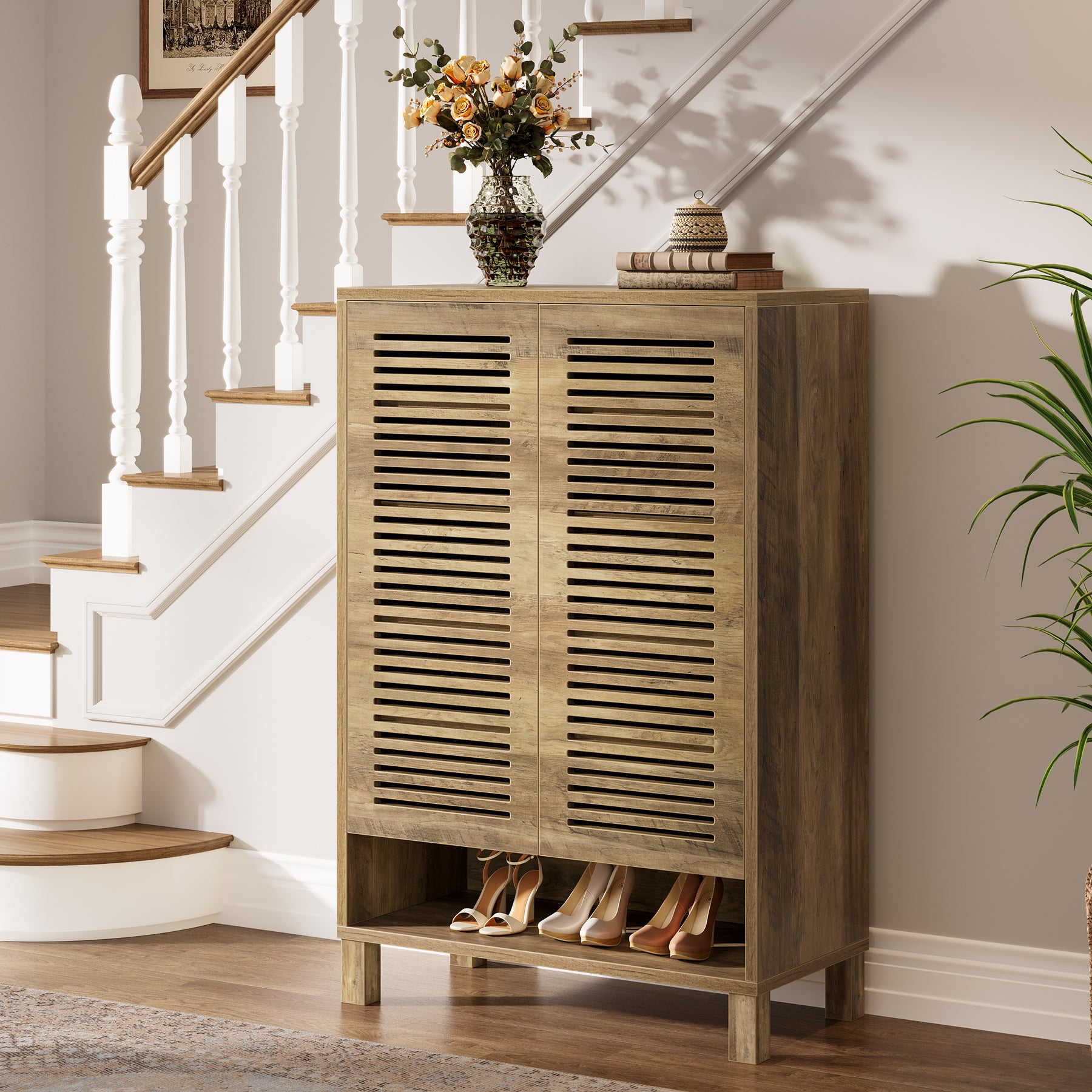 Free-Standing Shoe Cabinet, Narrow Farmhouse Wooden Organizer with 6 Shelves