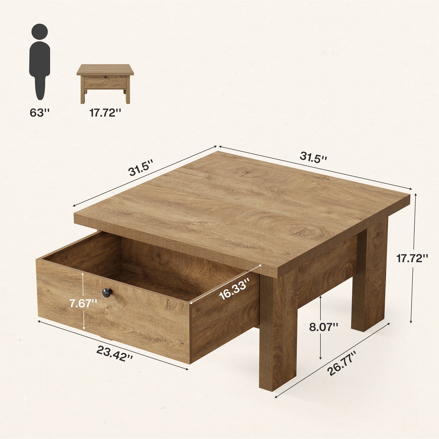 31.5" Square Coffee Table with Storage for Small Spaces, Modern Brown Living Room Center Table