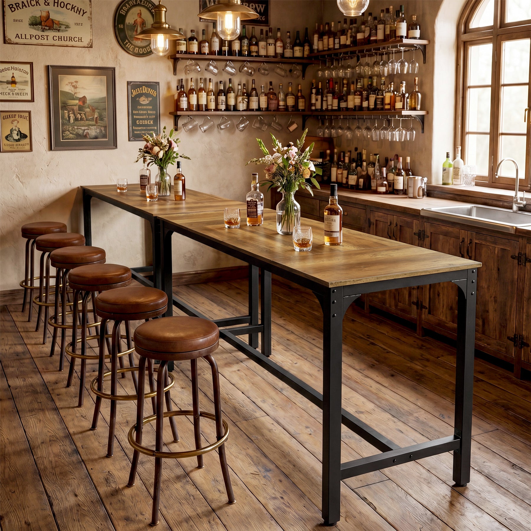 70.9 Inch Industrial Bar Table with Metal Footrest, Counter Height Pub Table for Dining Room and Home Bar