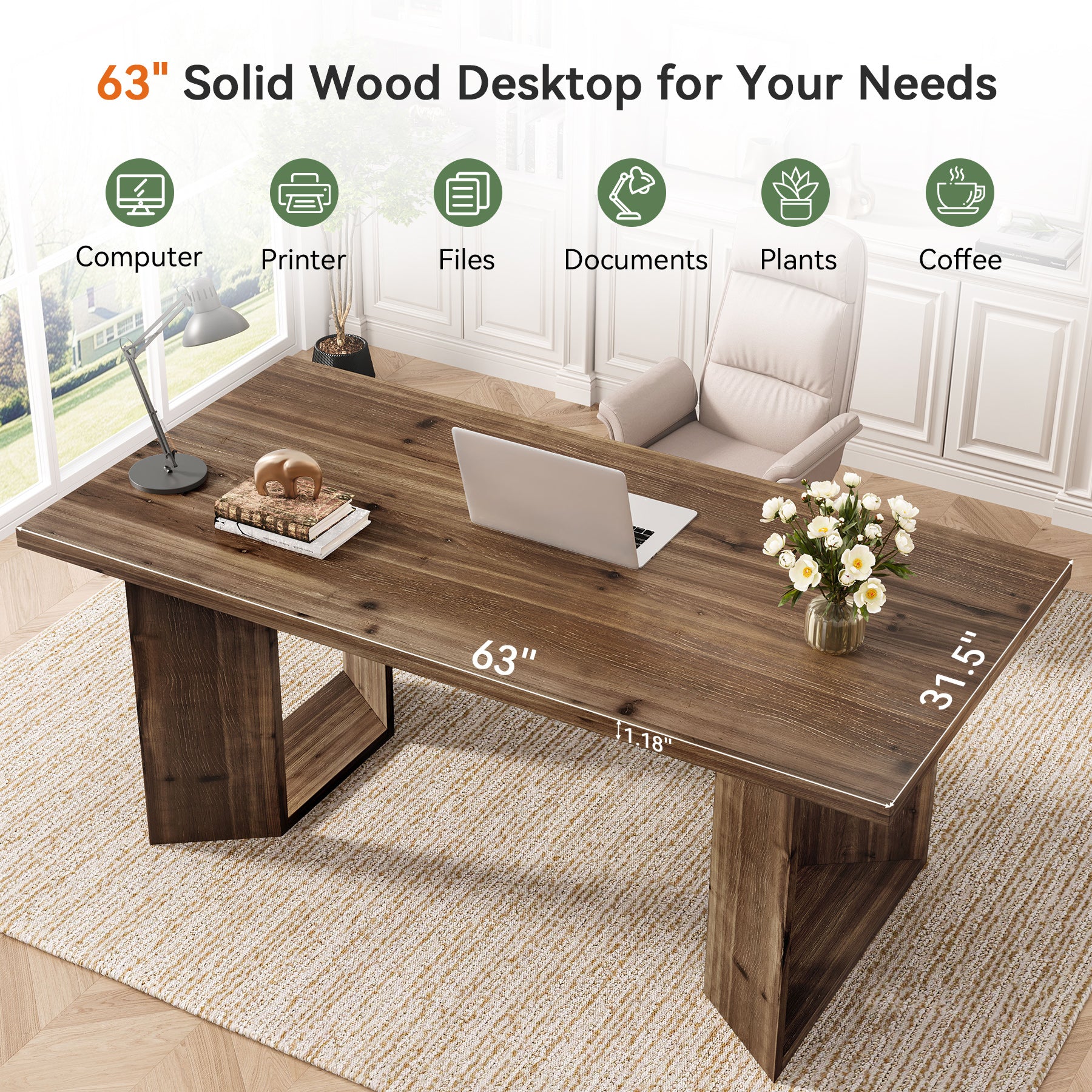 Tribesigns 63-Inch Solid Wood Executive Desk, Farmhouse Office Desk with U-Legs for Home Office