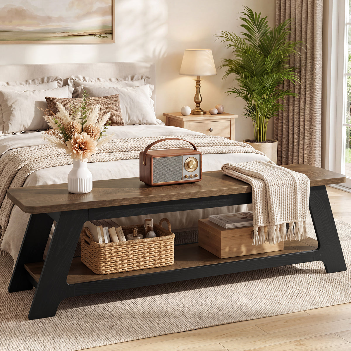 63 Inch Long Entryway Bench with Shoe Storage Shelf, Farmhouse Wooden Bench for Hallway