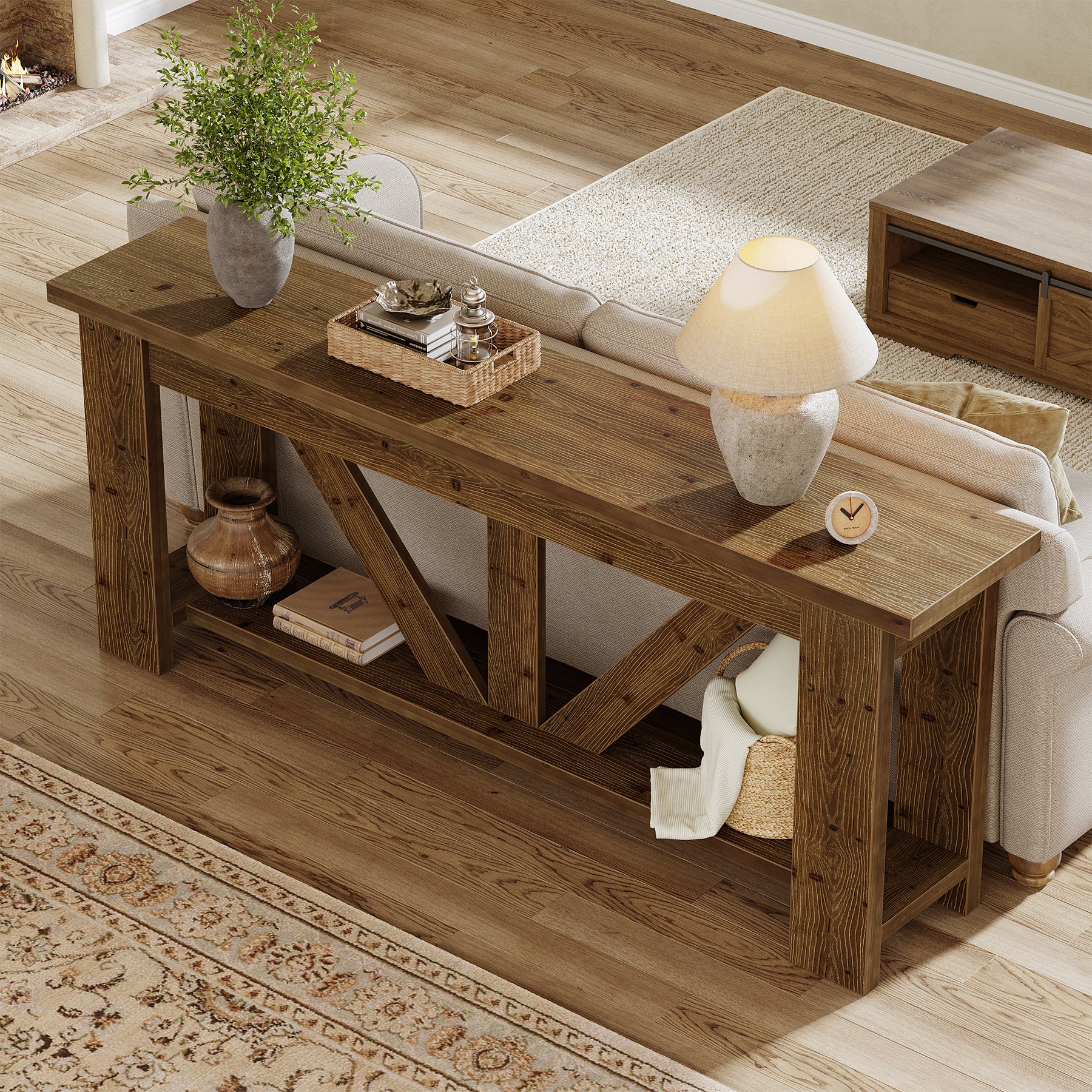 70.9-Inch Solid Wood Console Table with Triangular Base, 2-Tier Sofa Table for Hallway