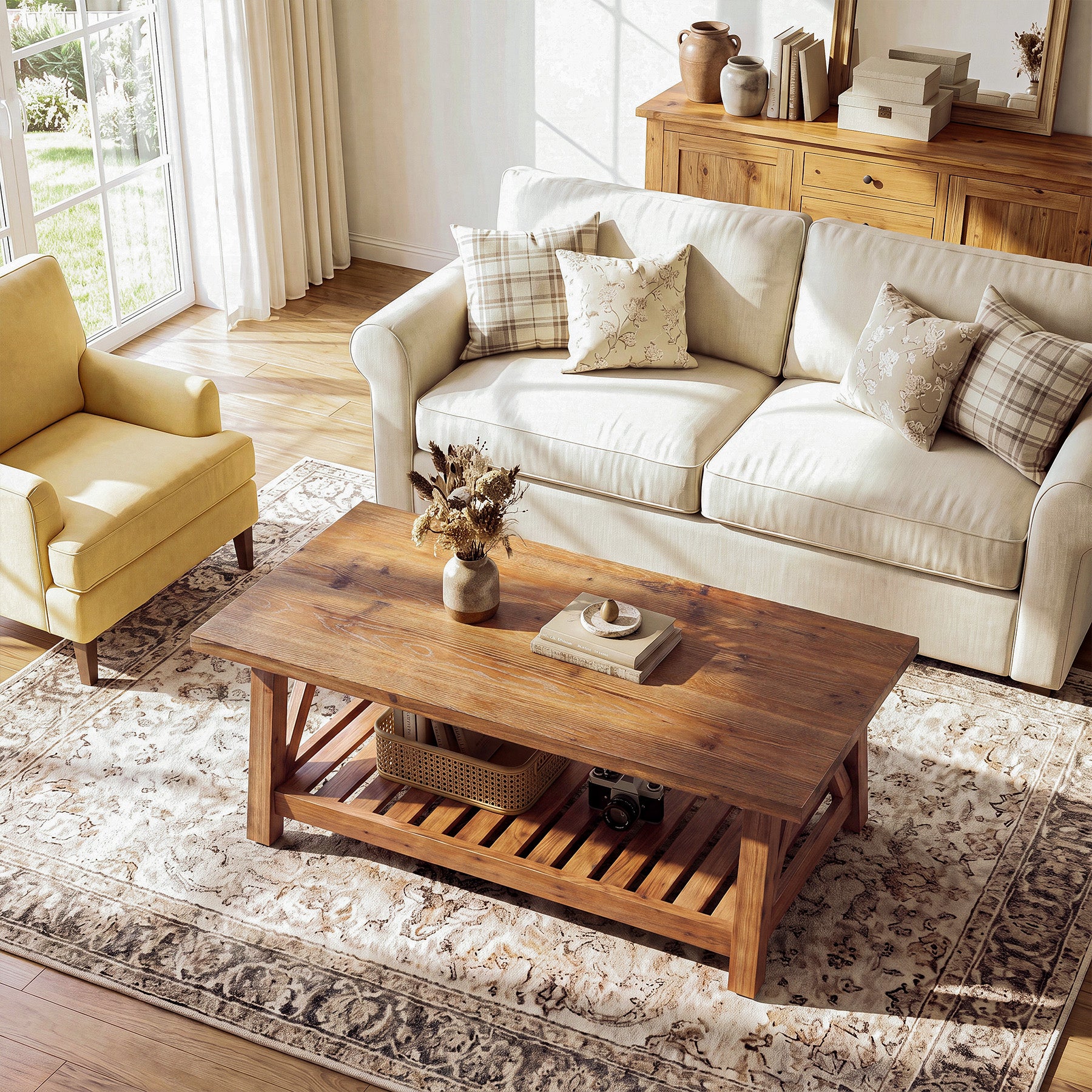 Tribesigns 47.24-Inch Solid Wood Coffee Table, Farmhouse 2-Tier Storage Table for Living Room