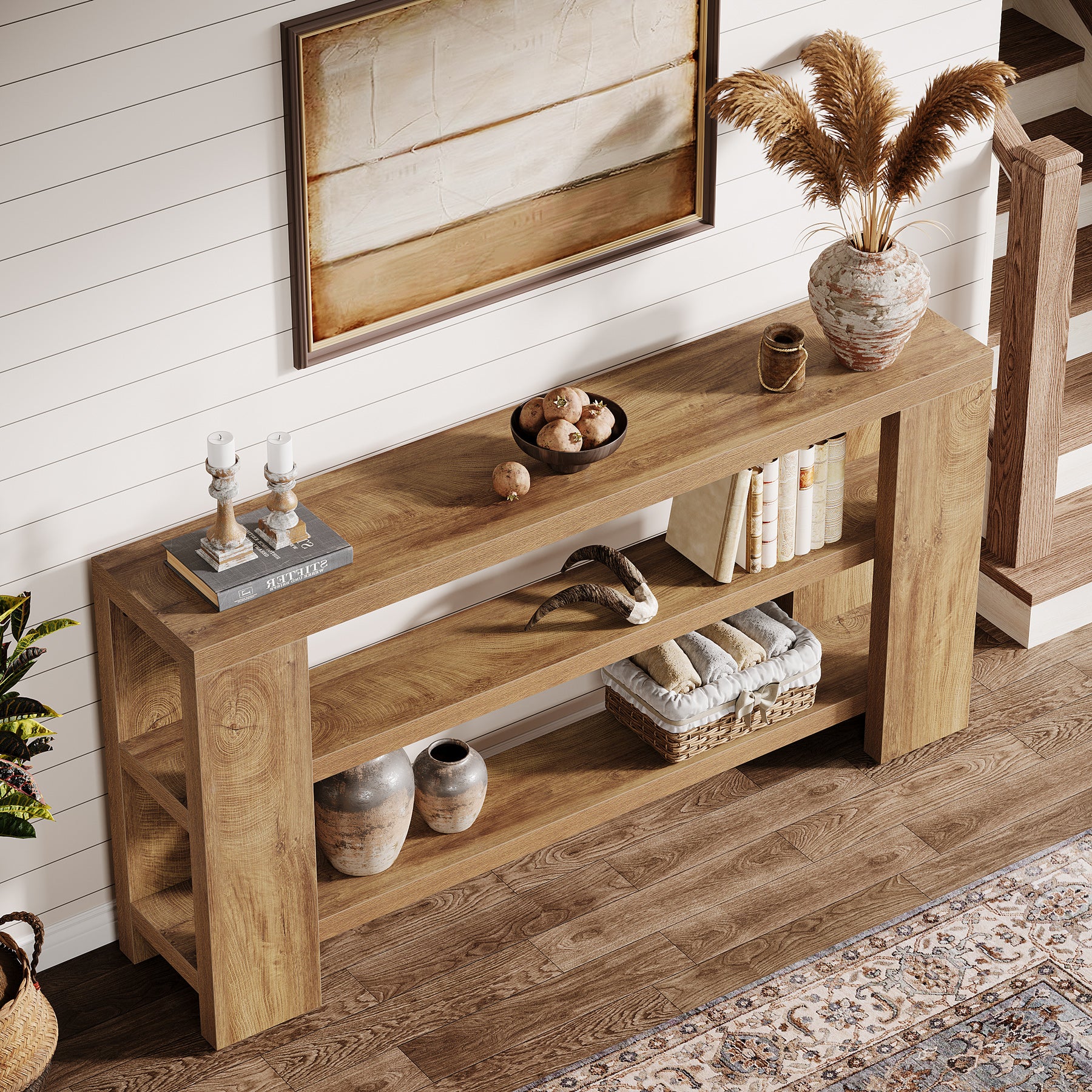 63-Inch Industrial Console Table, Narrow Wooden Sofa Table with Metal Frame