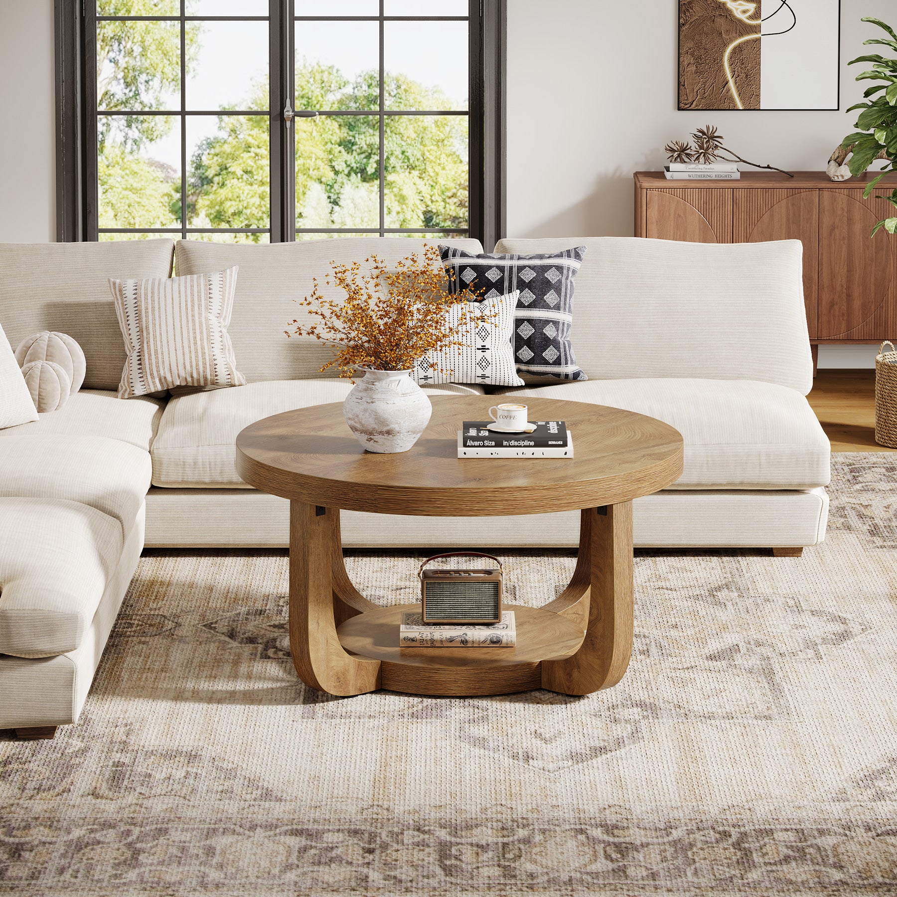 31.5" Round Coffee Table - 2-Tier Accent Center Table with Storage Shelf