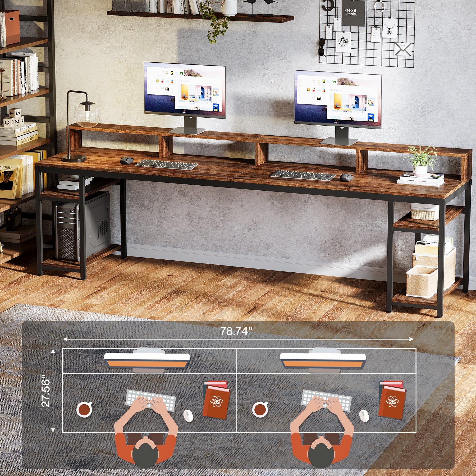 78.74" Two Person Desk with Monitor Stand, Double Computer Desk for Home Office Gaming Study