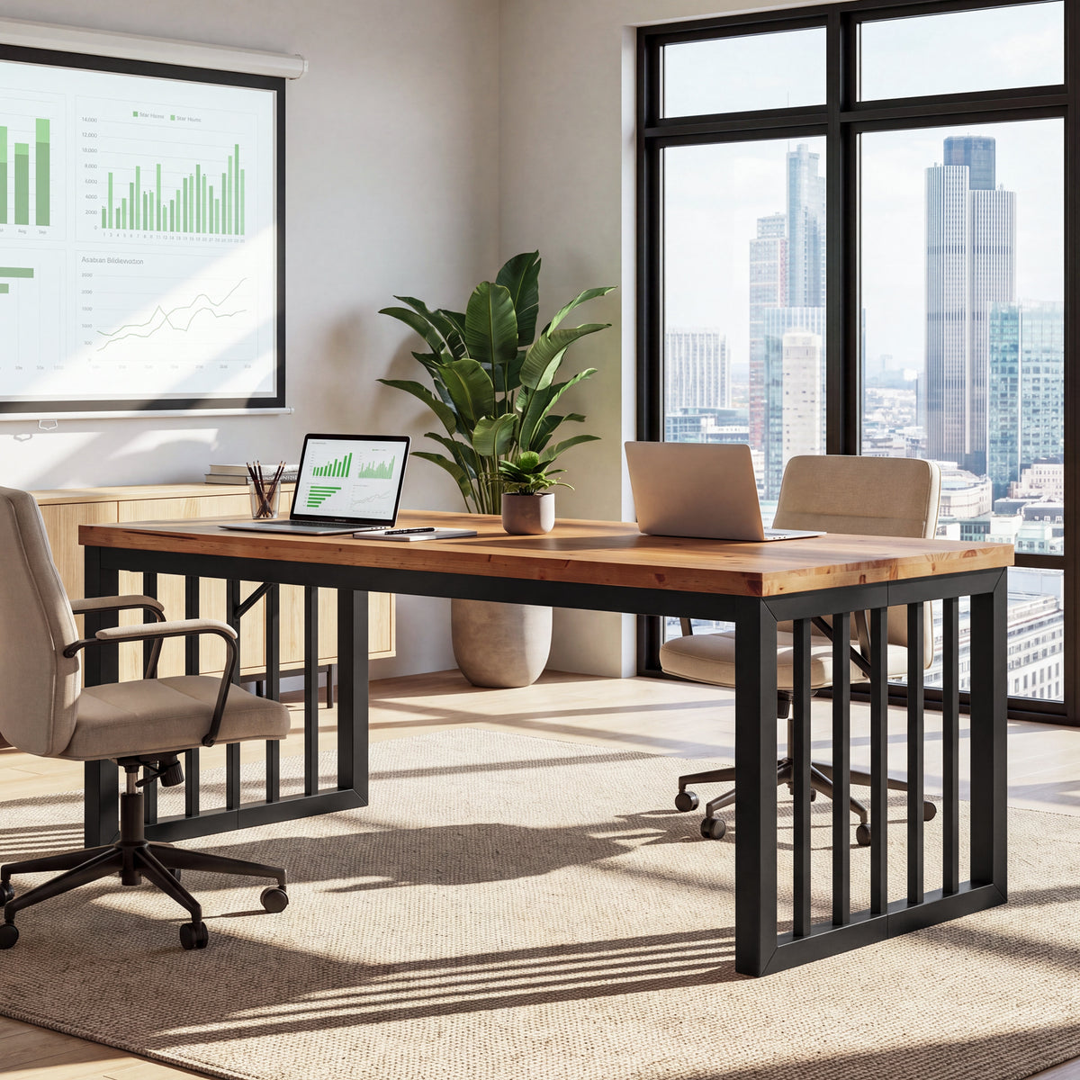 Tribesigns 63 Inch Solid Wood Executive Desk with Metal Frame, Farmhouse Home Office Computer Desk